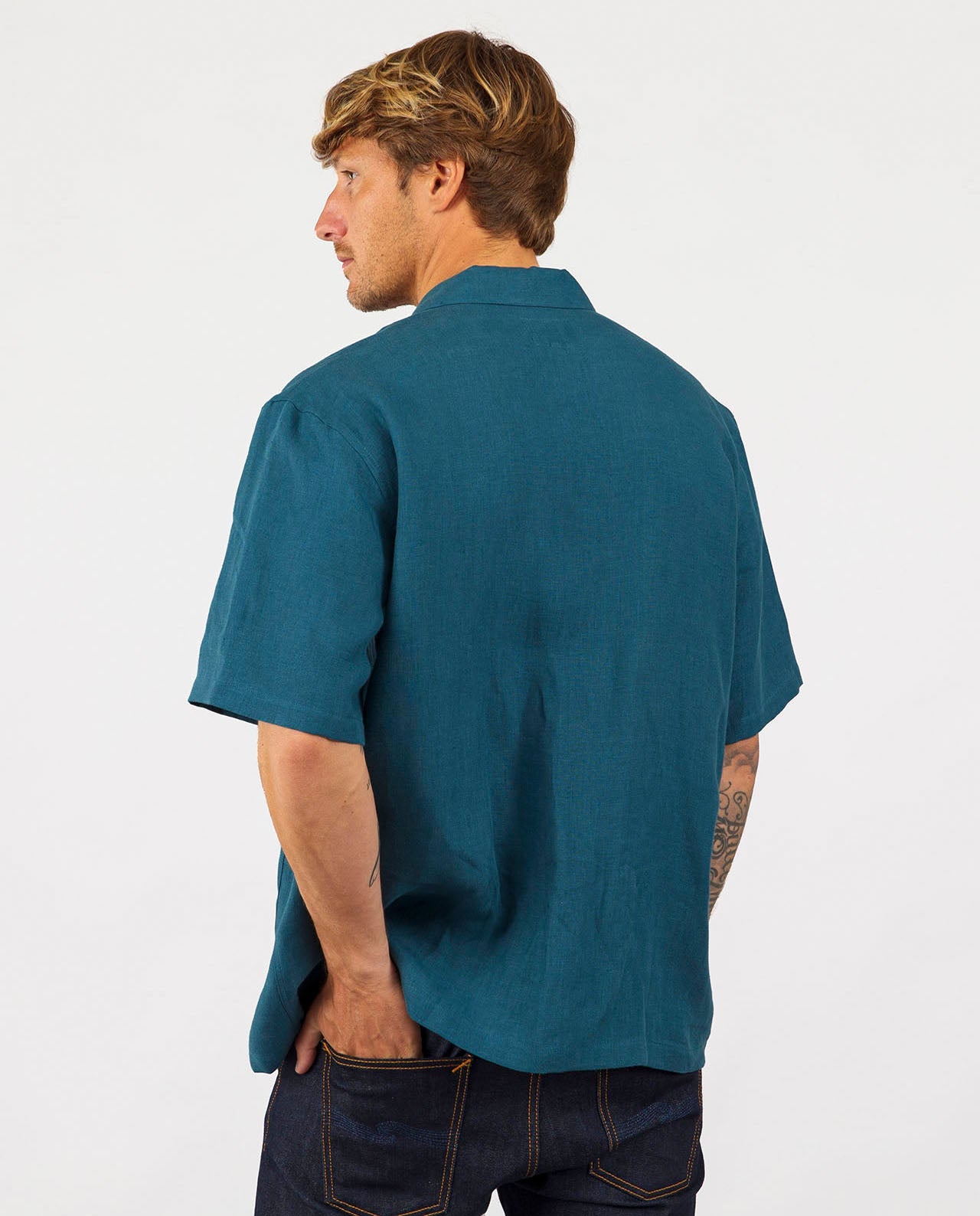 marché commun noyoco chemise homme manches courtes lin bleu pétrole