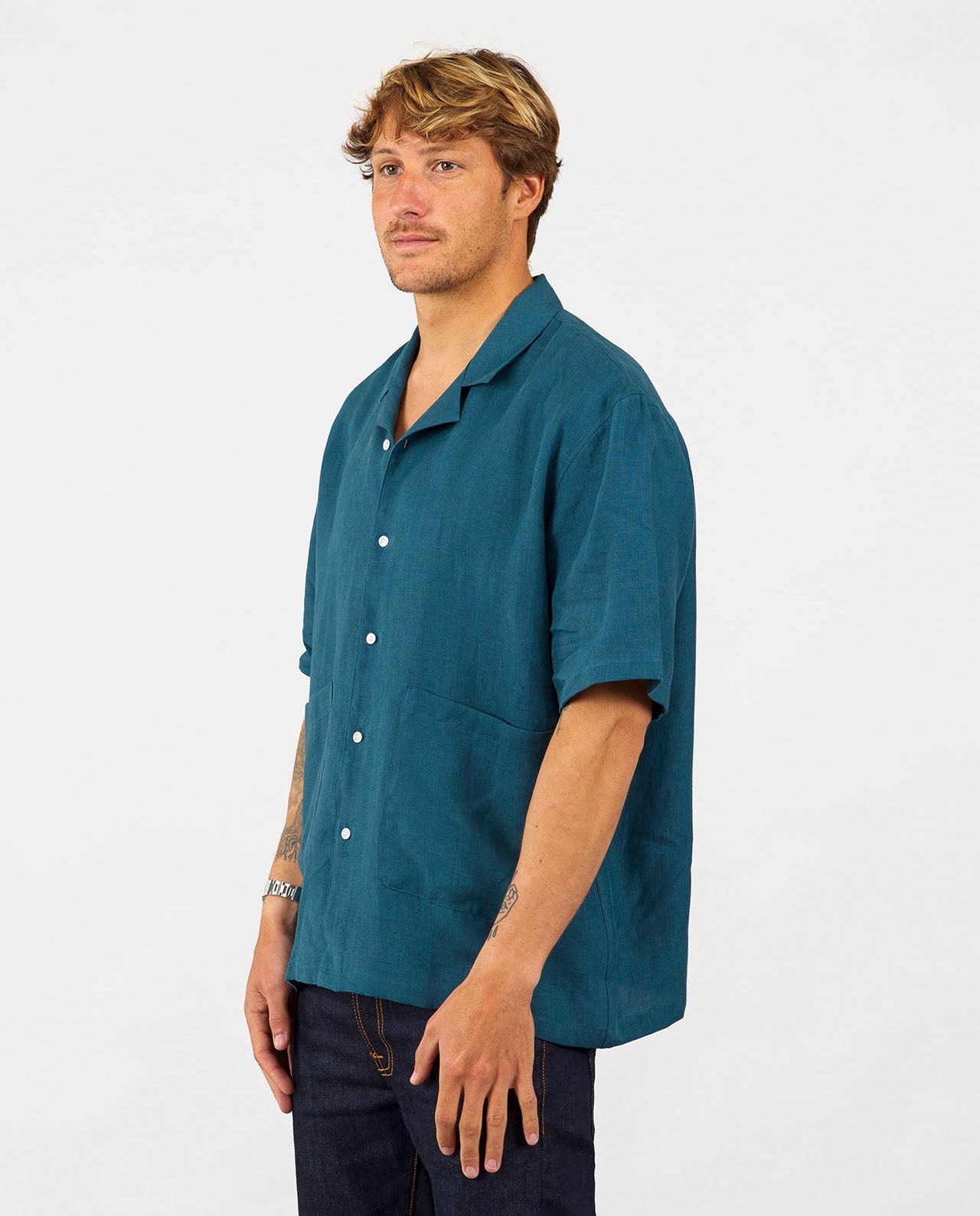 marché commun noyoco chemise homme manches courtes lin bleu pétrole