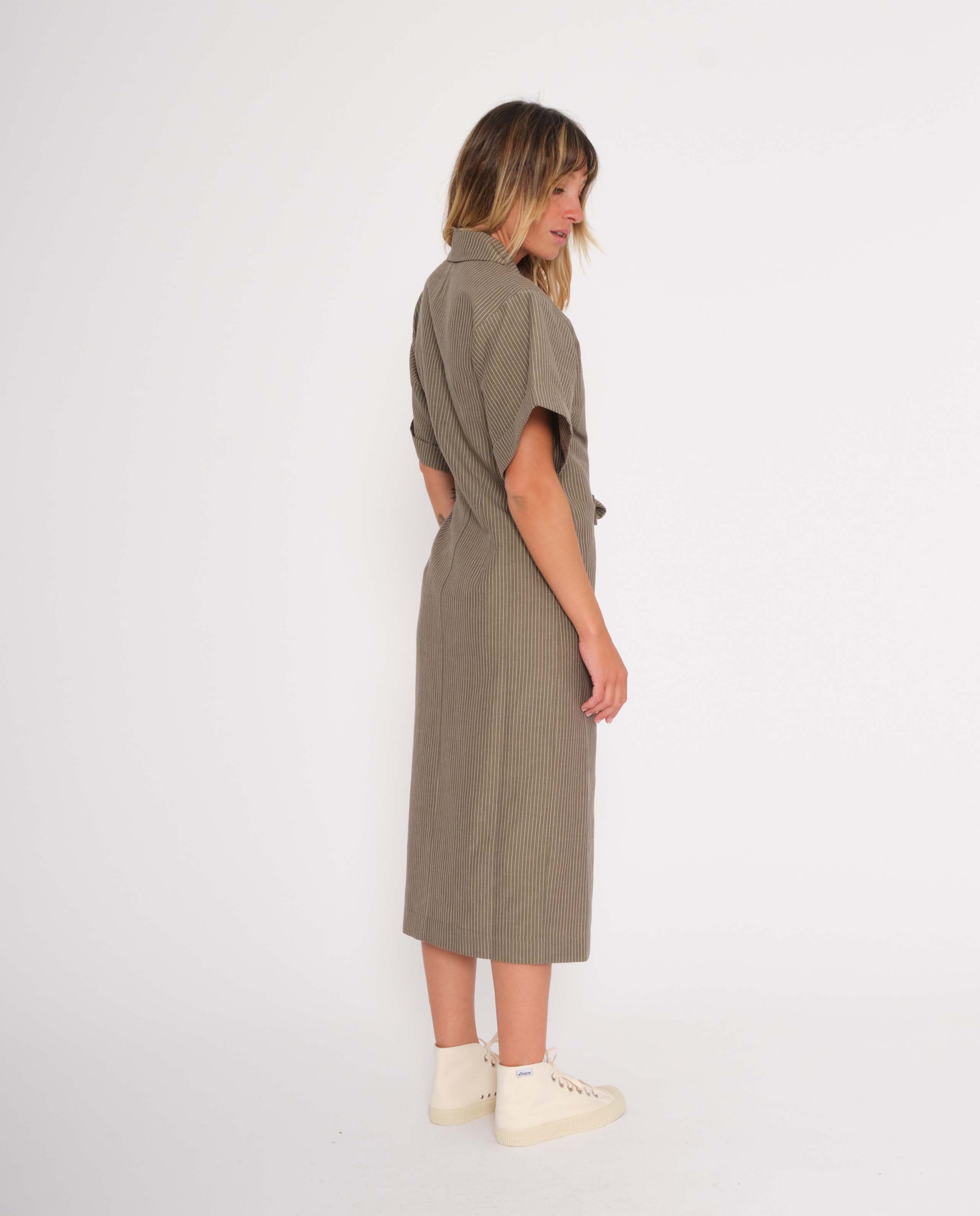 marché commun noyoco femme robe midi kimono coton biologique lin taupe rayures