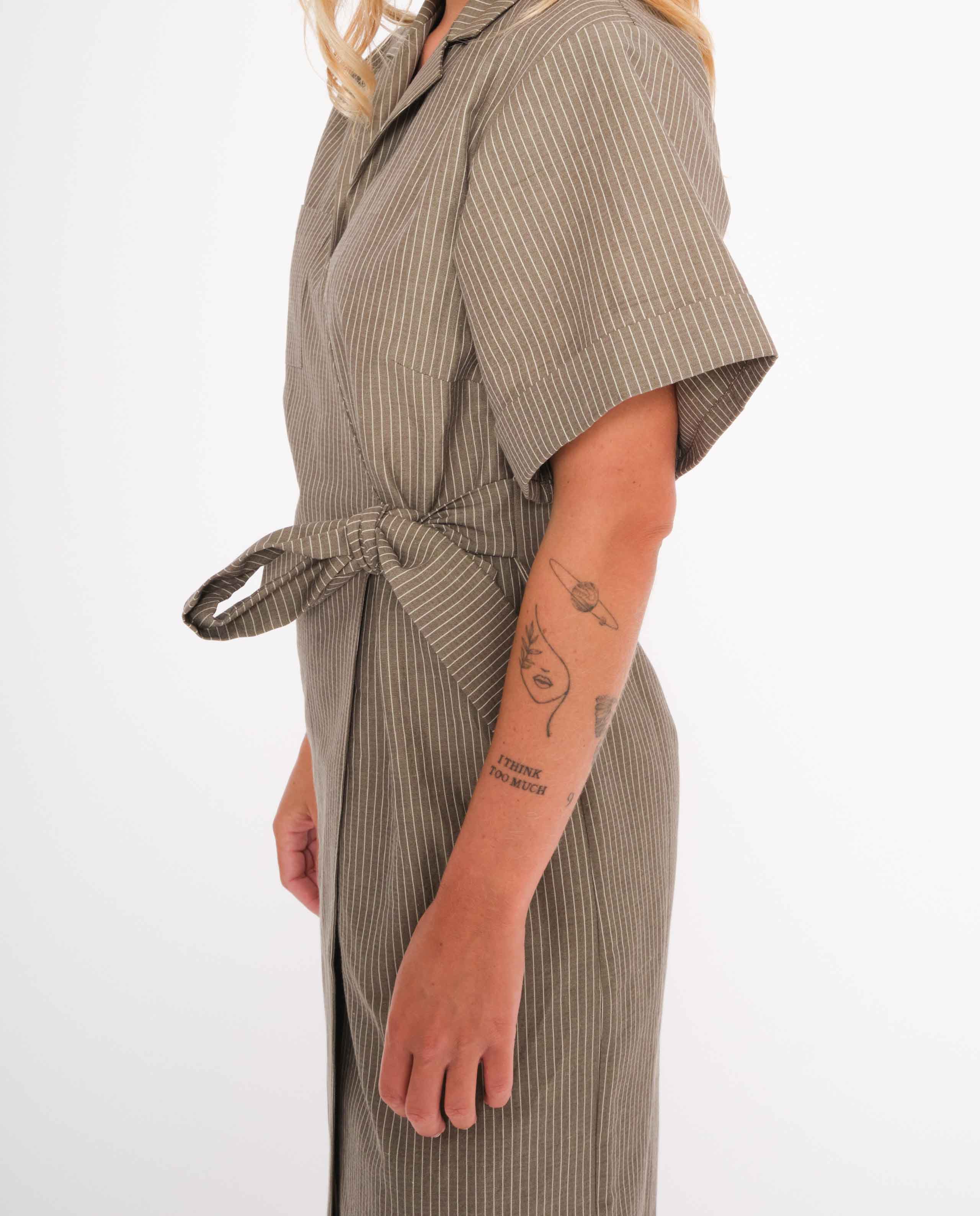 marché commun noyoco femme robe midi kimono coton biologique lin taupe rayures