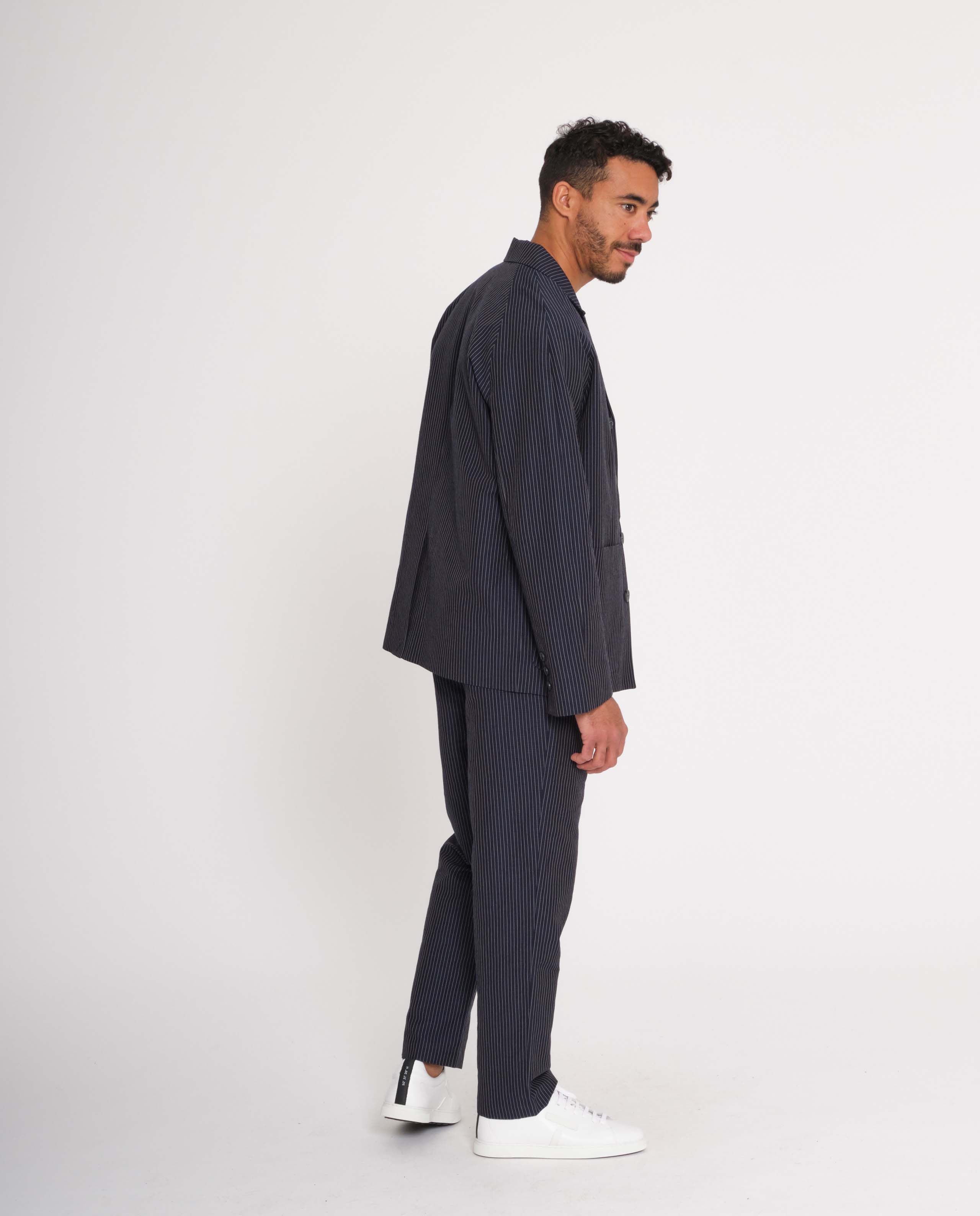 Pantalon rayé en coton bio et lin