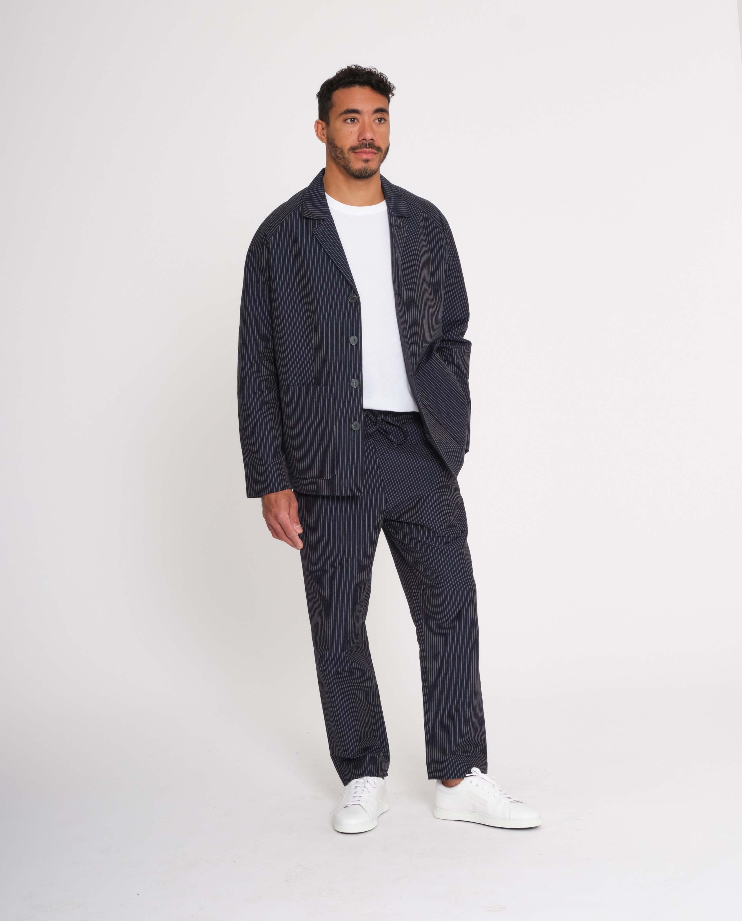 Pantalon rayé en coton bio et lin