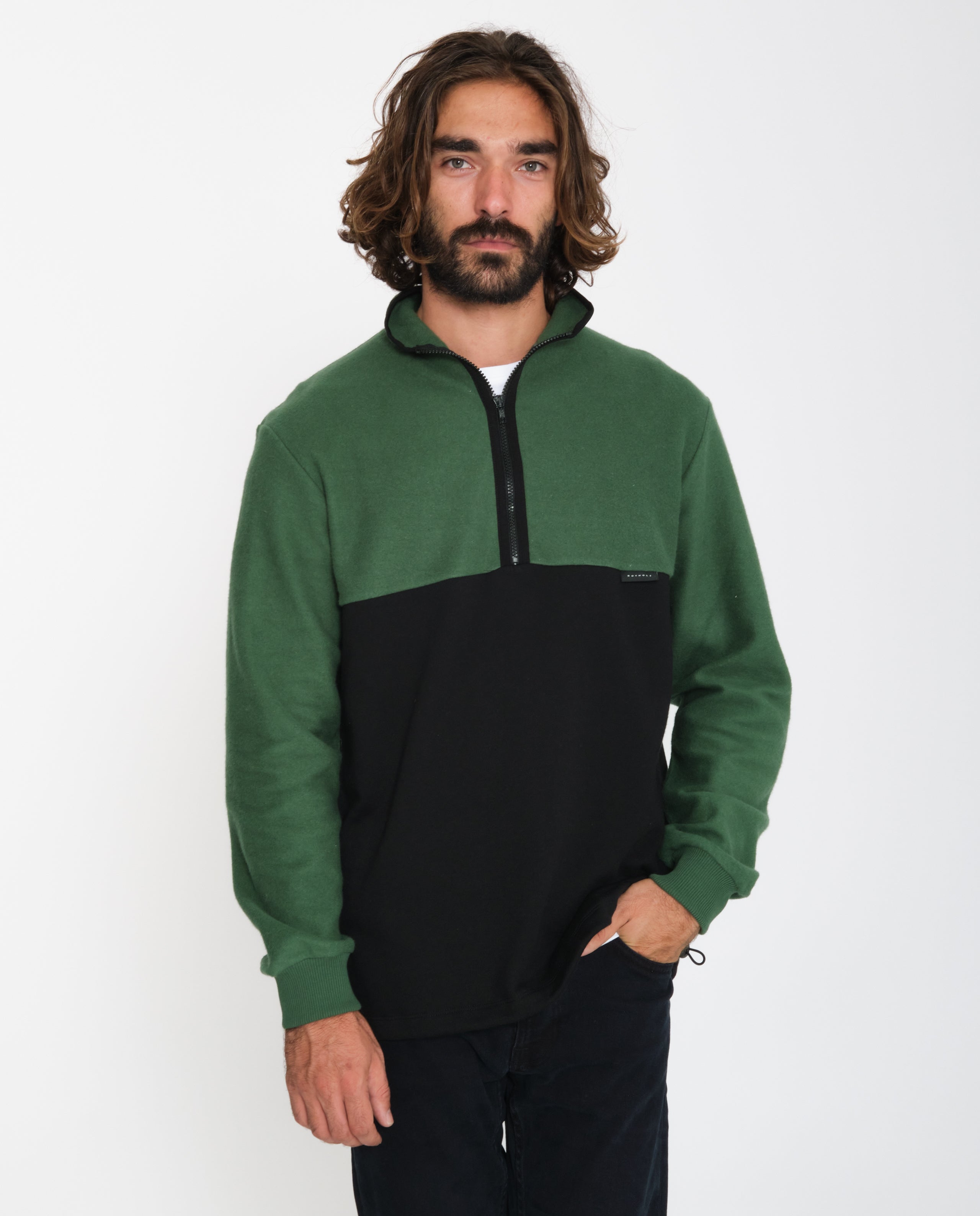 marché commun rotholz sweatshirt zippé polaire coton biologique bicolore noir vert