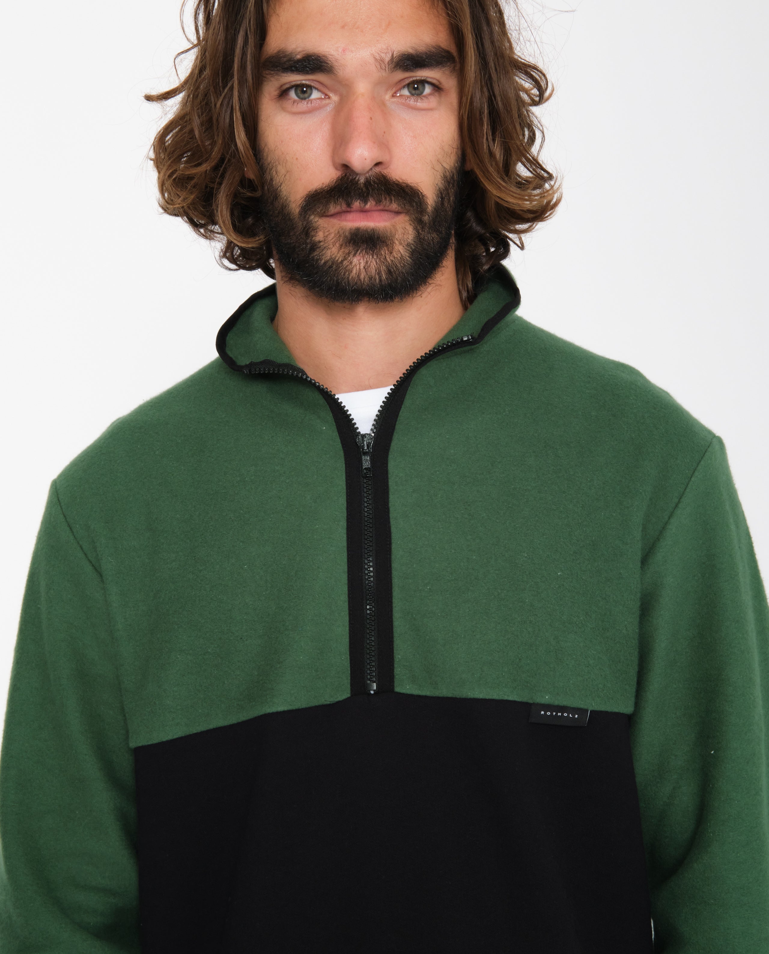 marché commun rotholz sweatshirt zippé polaire coton biologique bicolore noir vert