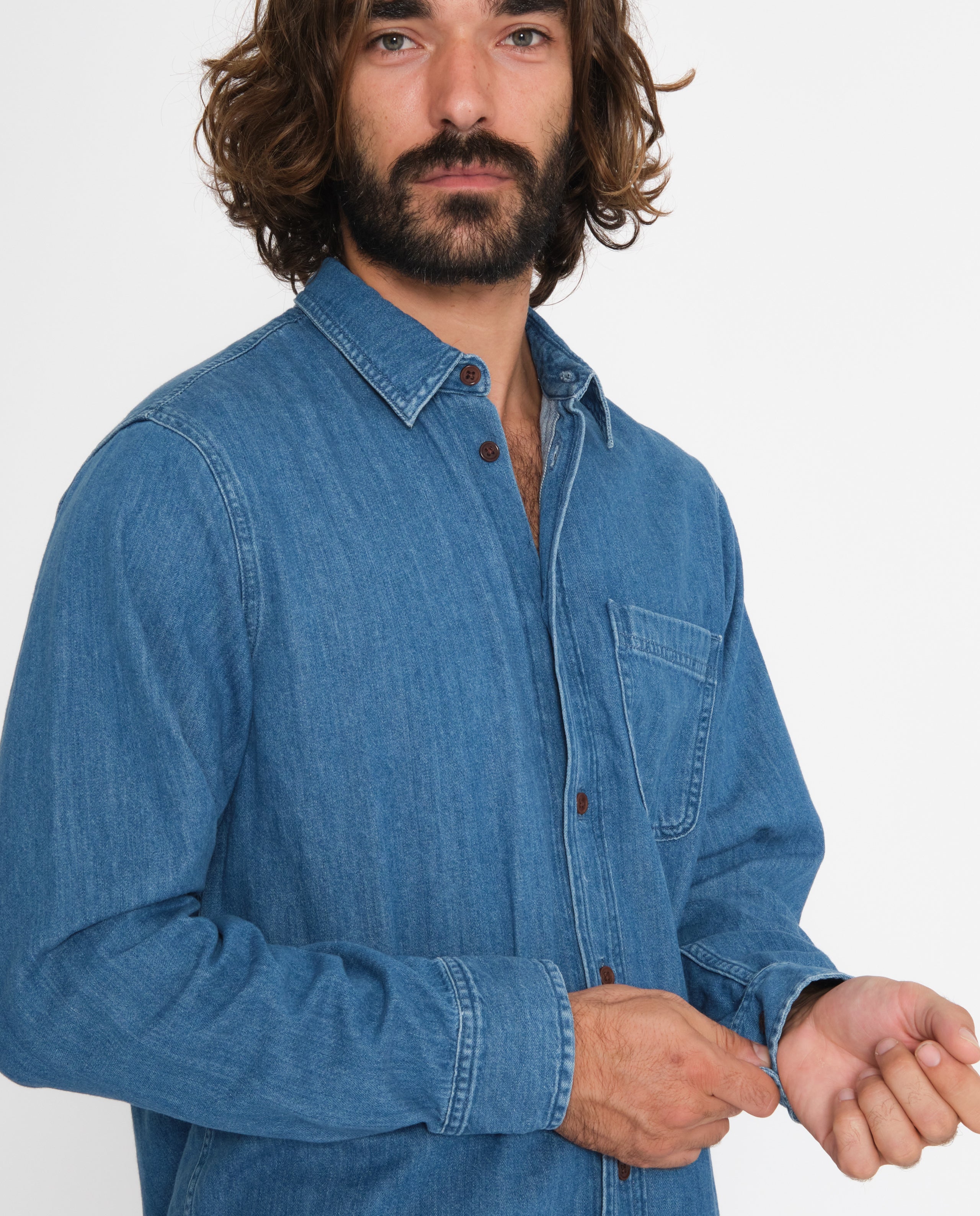 marché commun nudie jeans chemise denim coton biologique bleue éco responsable éthique homme