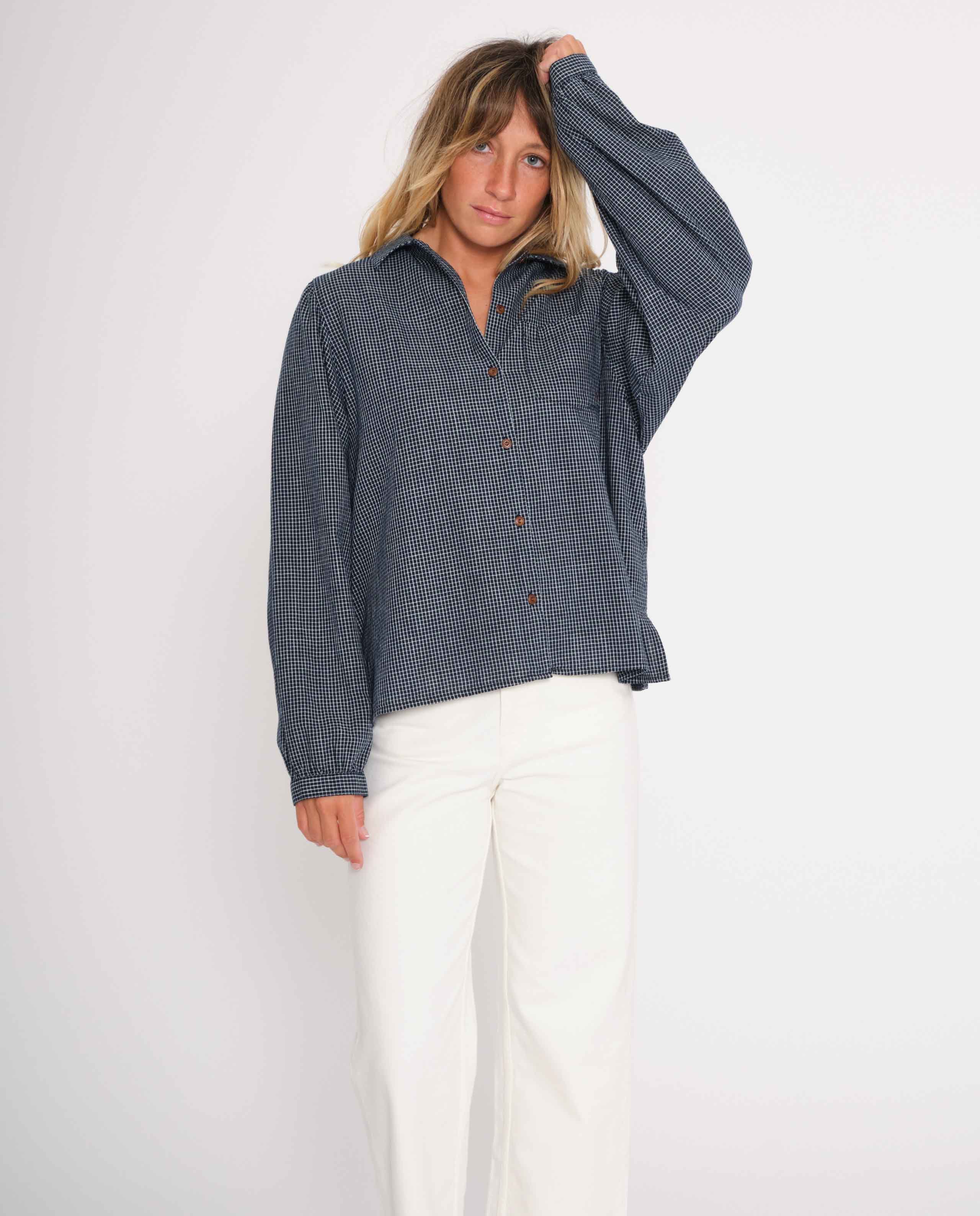 marché commun nudie jeans blouse chemise femme coton biologique carreaux indigo
