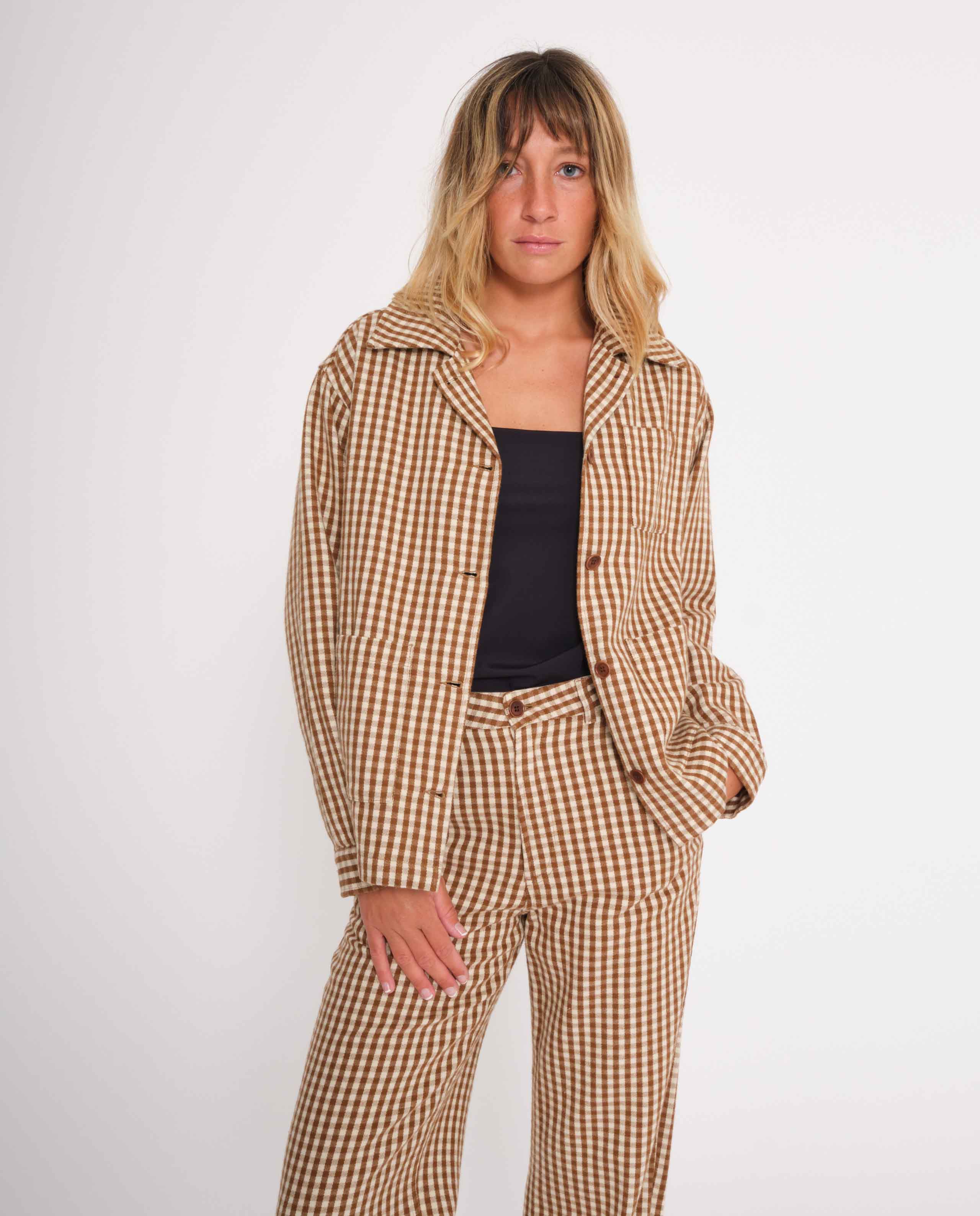 marché commun nudie jeans veste femme carreaux vichy camel coton biologique