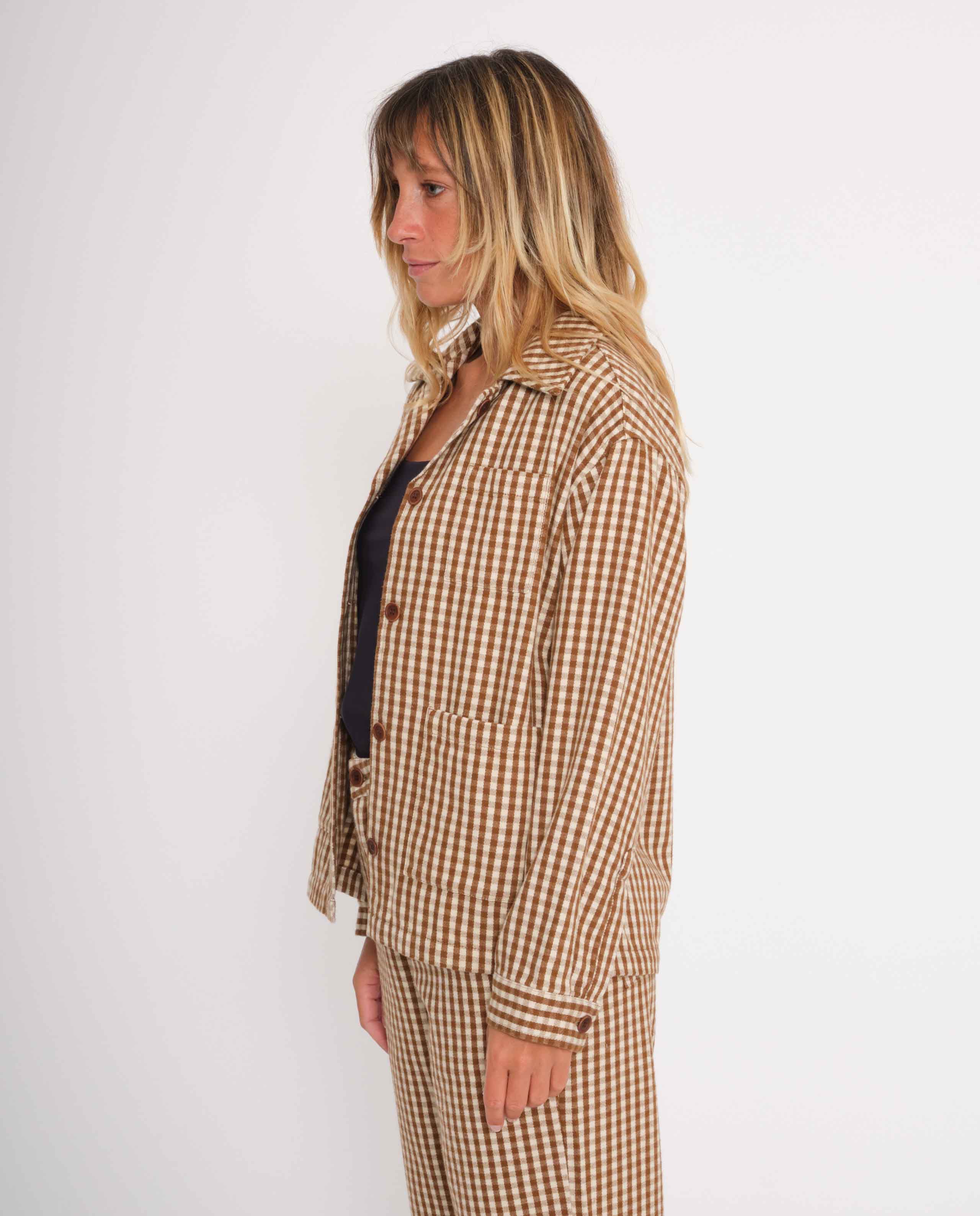 marché commun nudie jeans veste femme carreaux vichy camel coton biologique