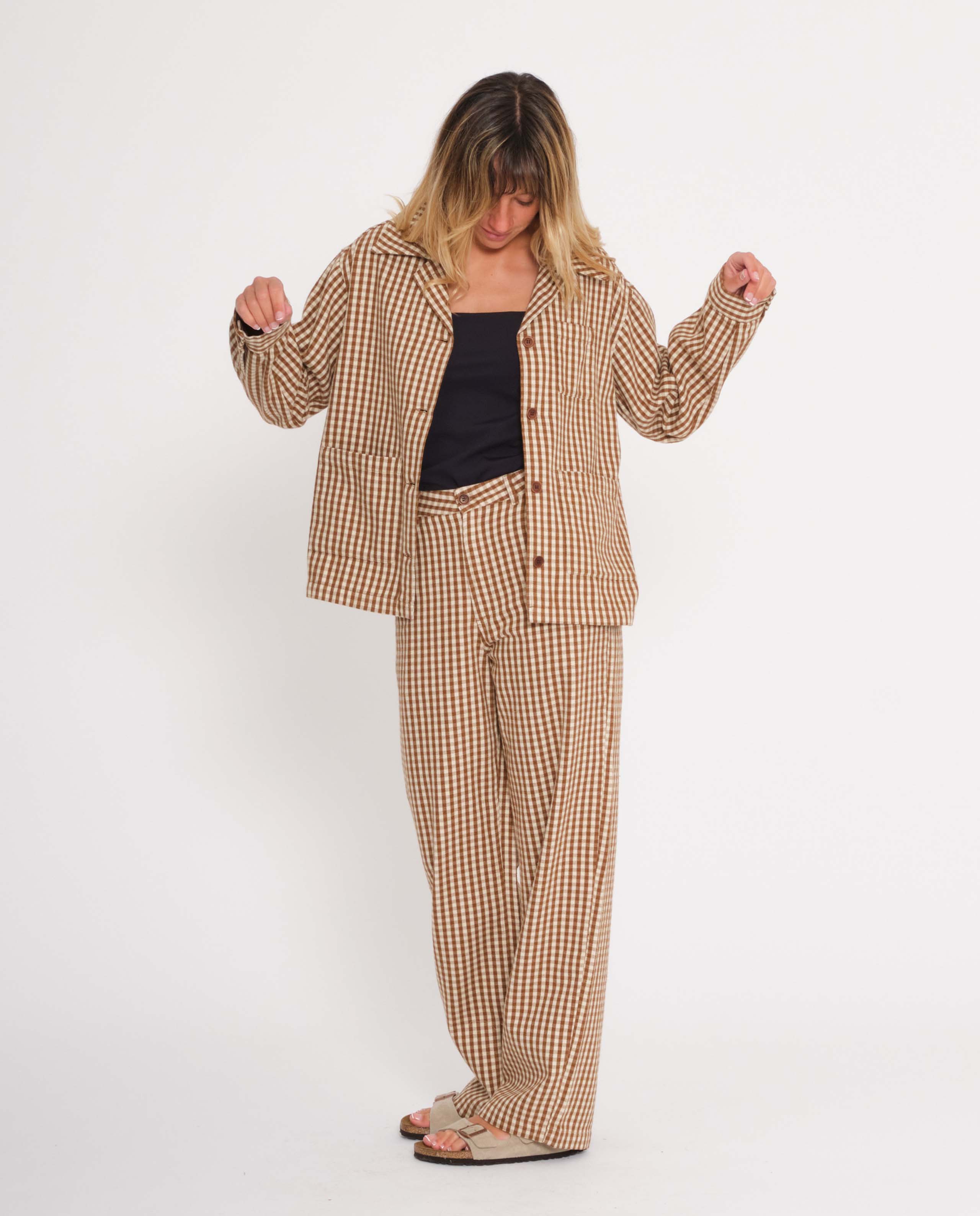 marché commun nudie jeans veste femme carreaux vichy camel coton biologique