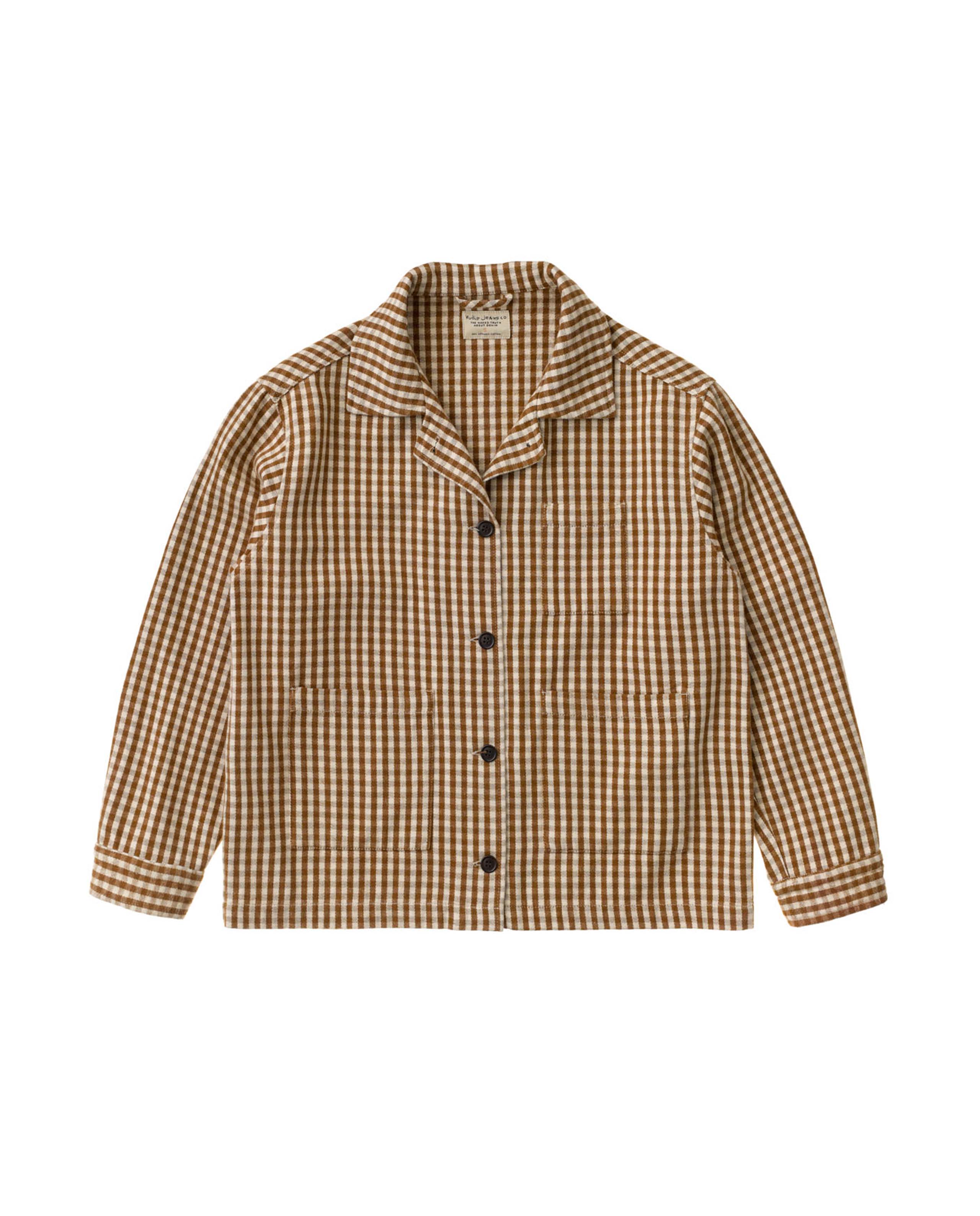 marché commun nudie jeans veste femme carreaux vichy camel coton biologique