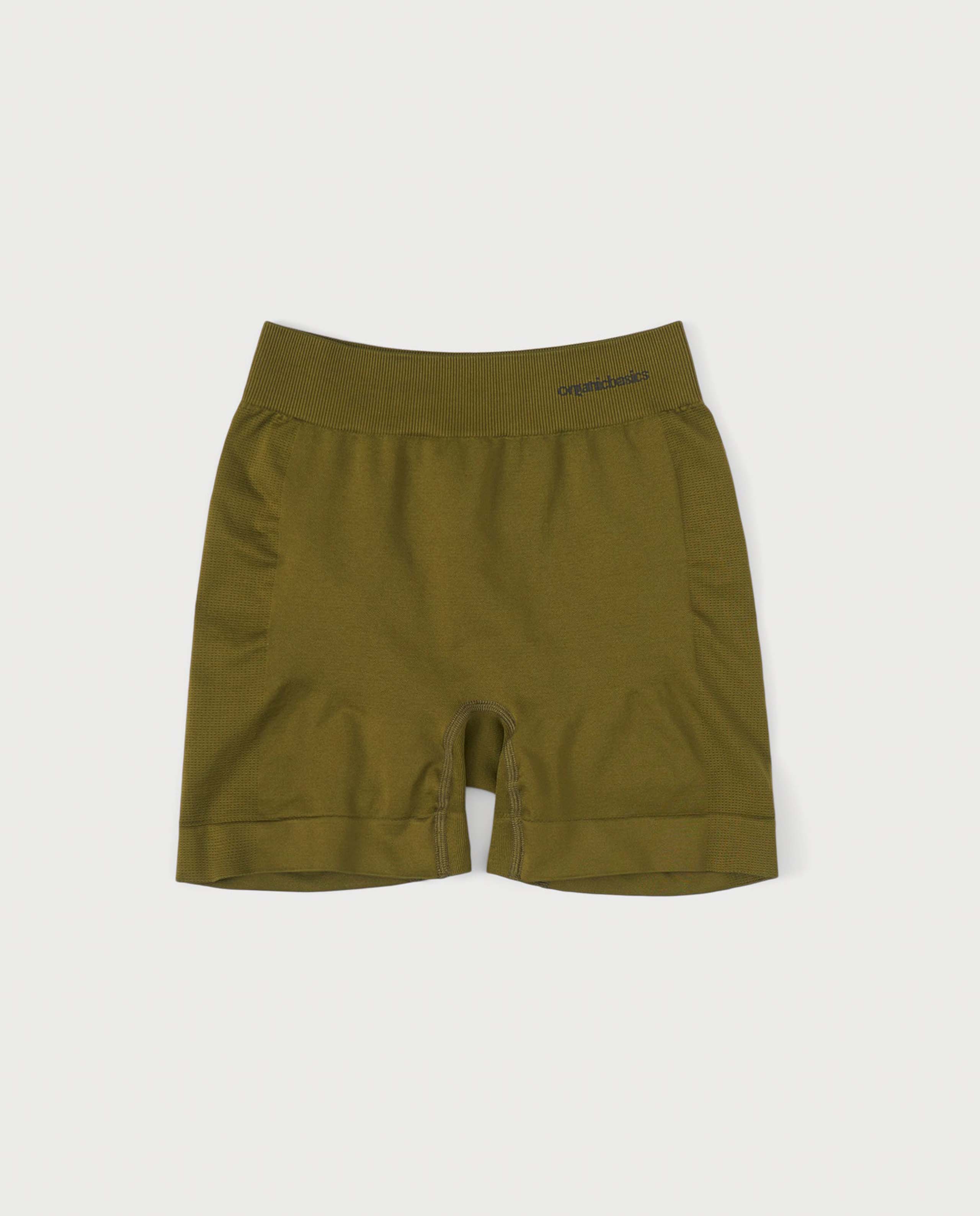 marché commun organic basics short sport yoga femme recyclé vert olive