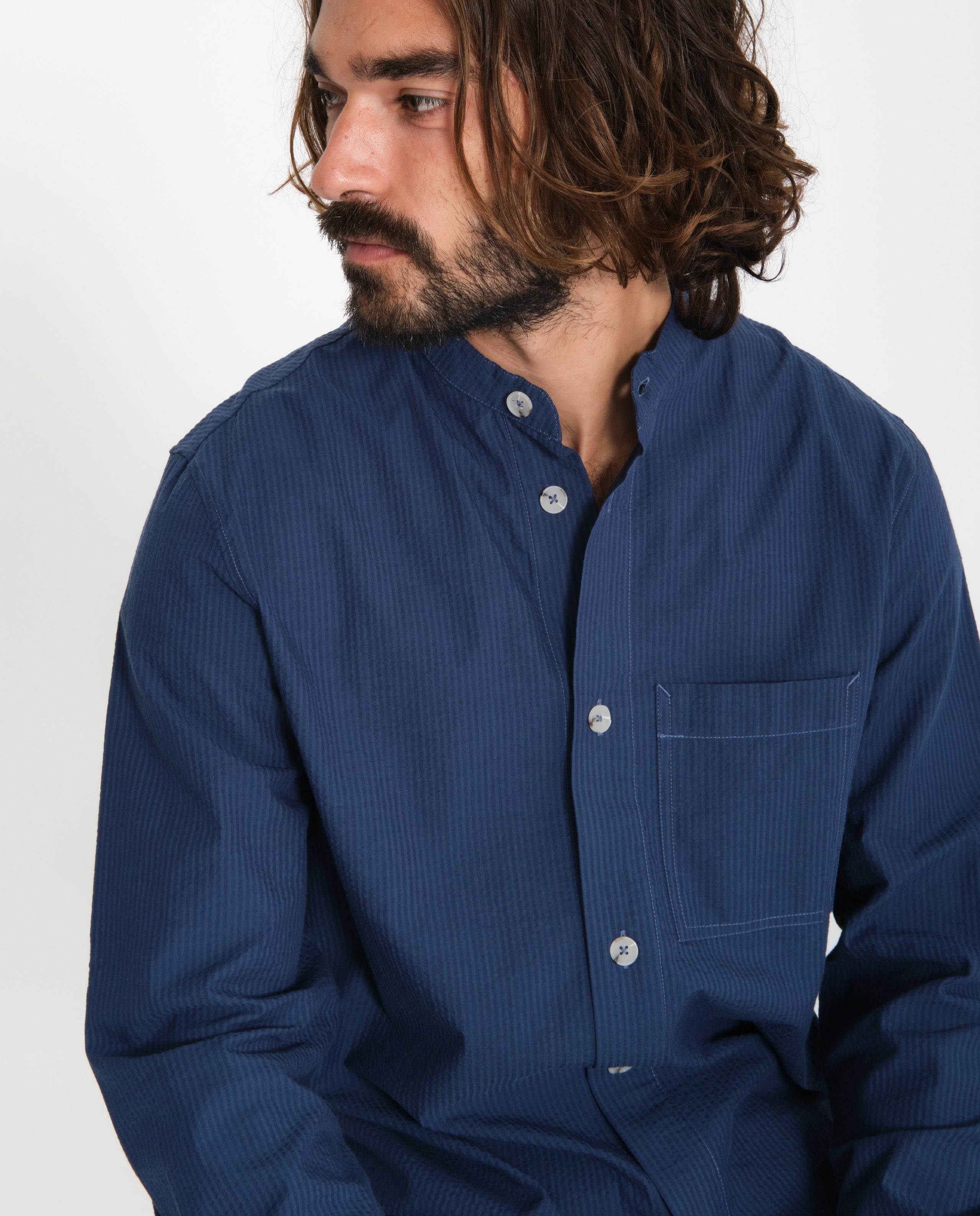 marché commun rotholz sur-chemise homme col officier fines rayures coton biologique fabriquée en europe bleu