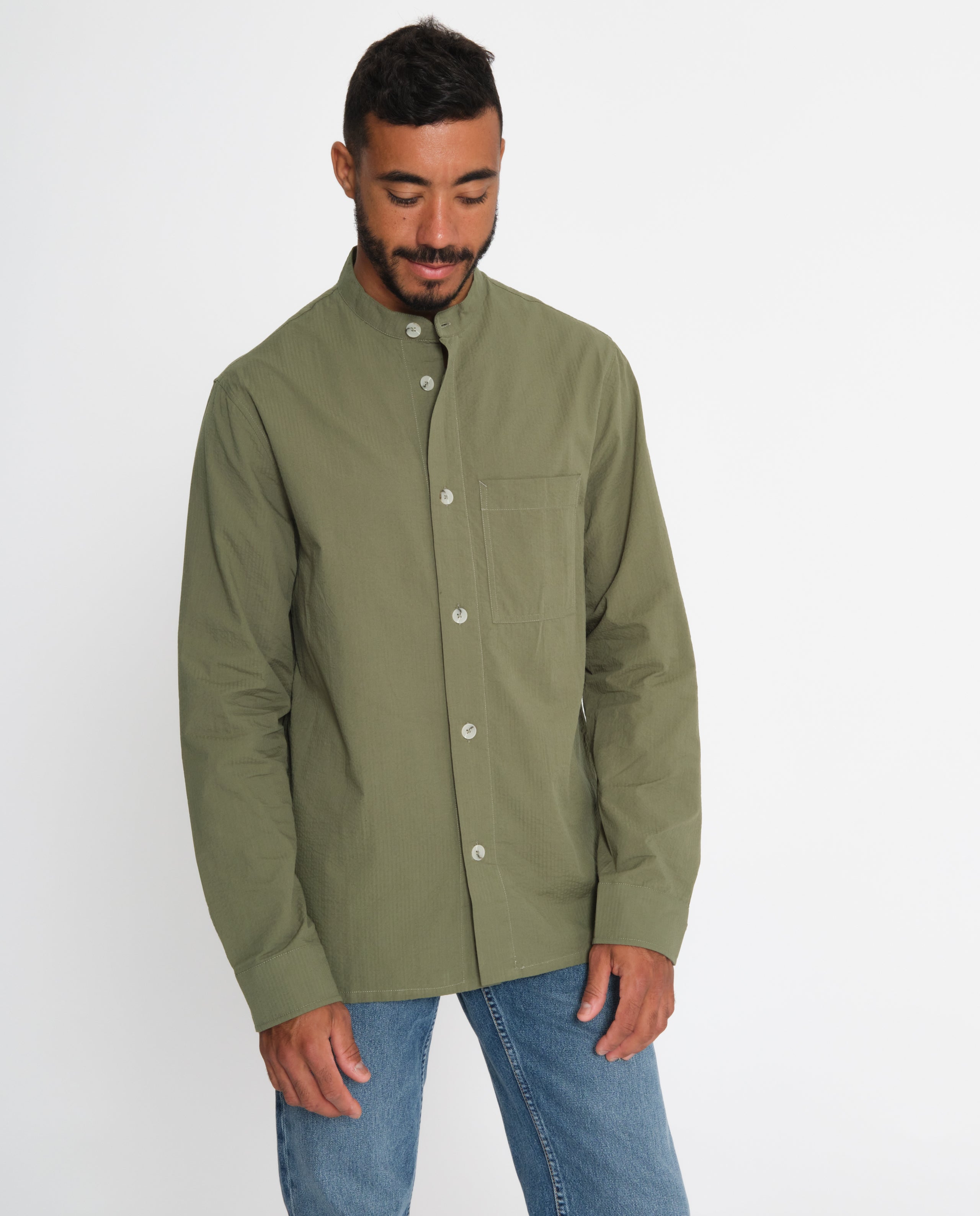 marché commun rotholz chemise col officier seersucker coton biologique kaki