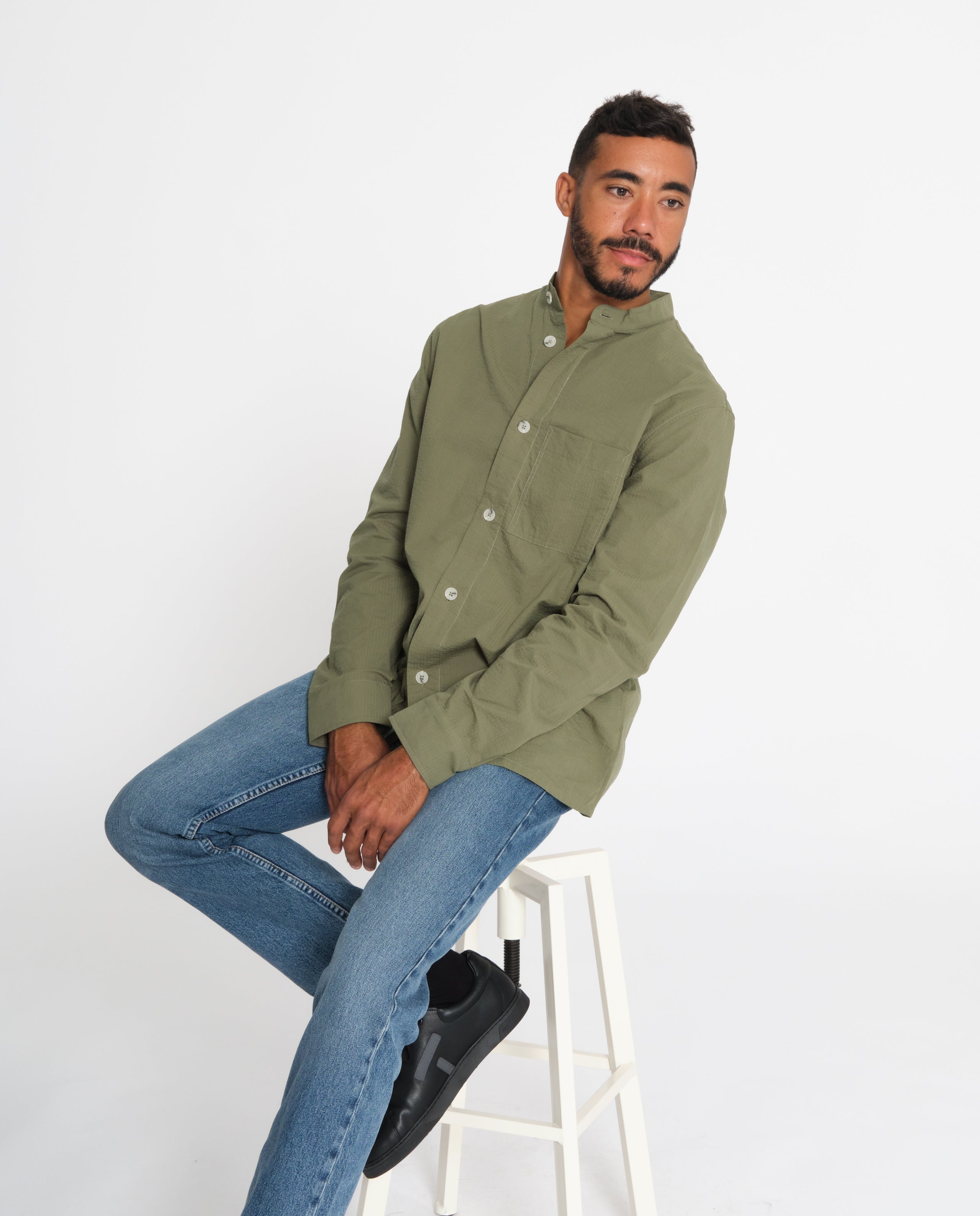 marché commun rotholz chemise col officier seersucker coton biologique kaki