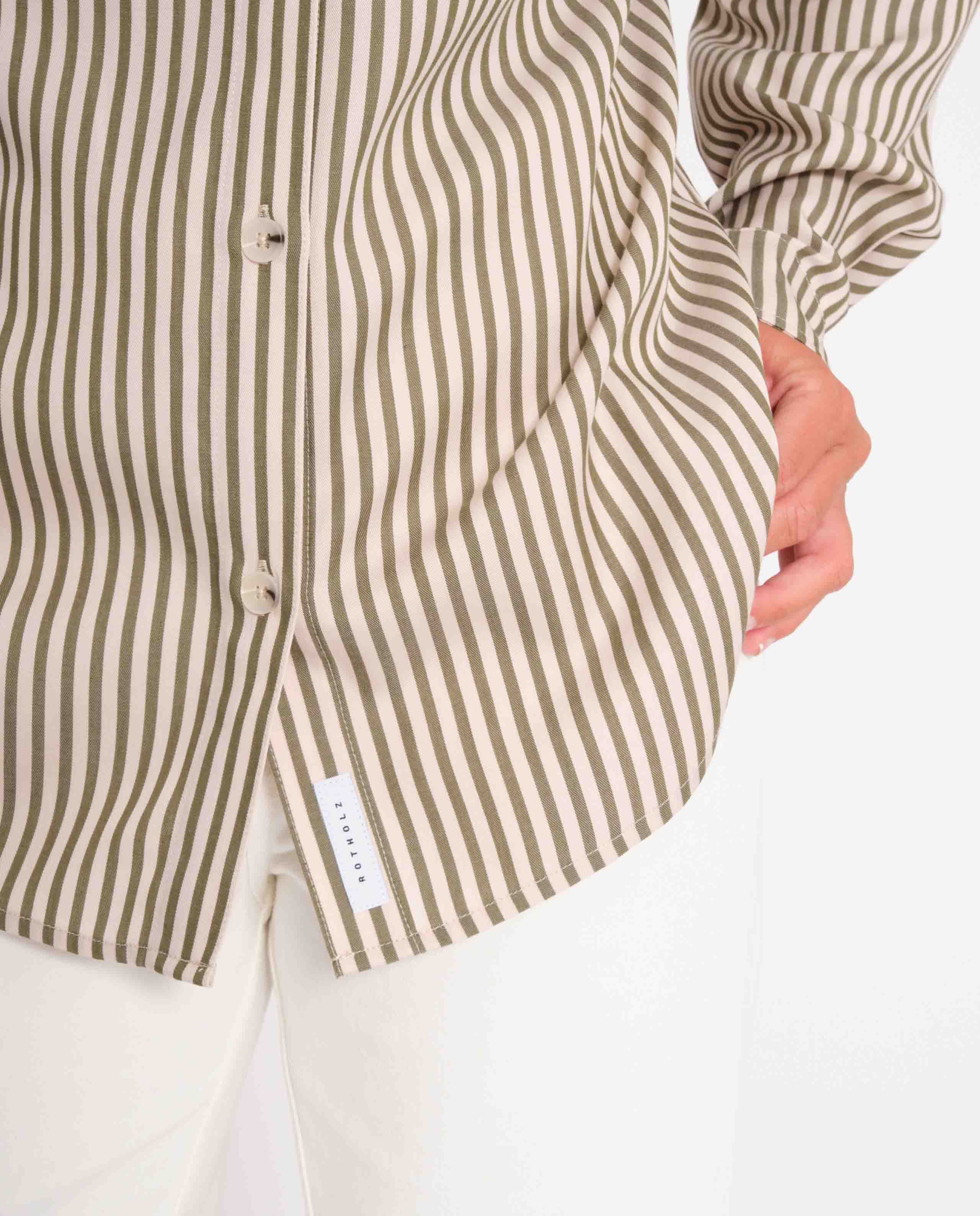 marché commun rotholz femme chemise col italien tencel rayures kaki sable