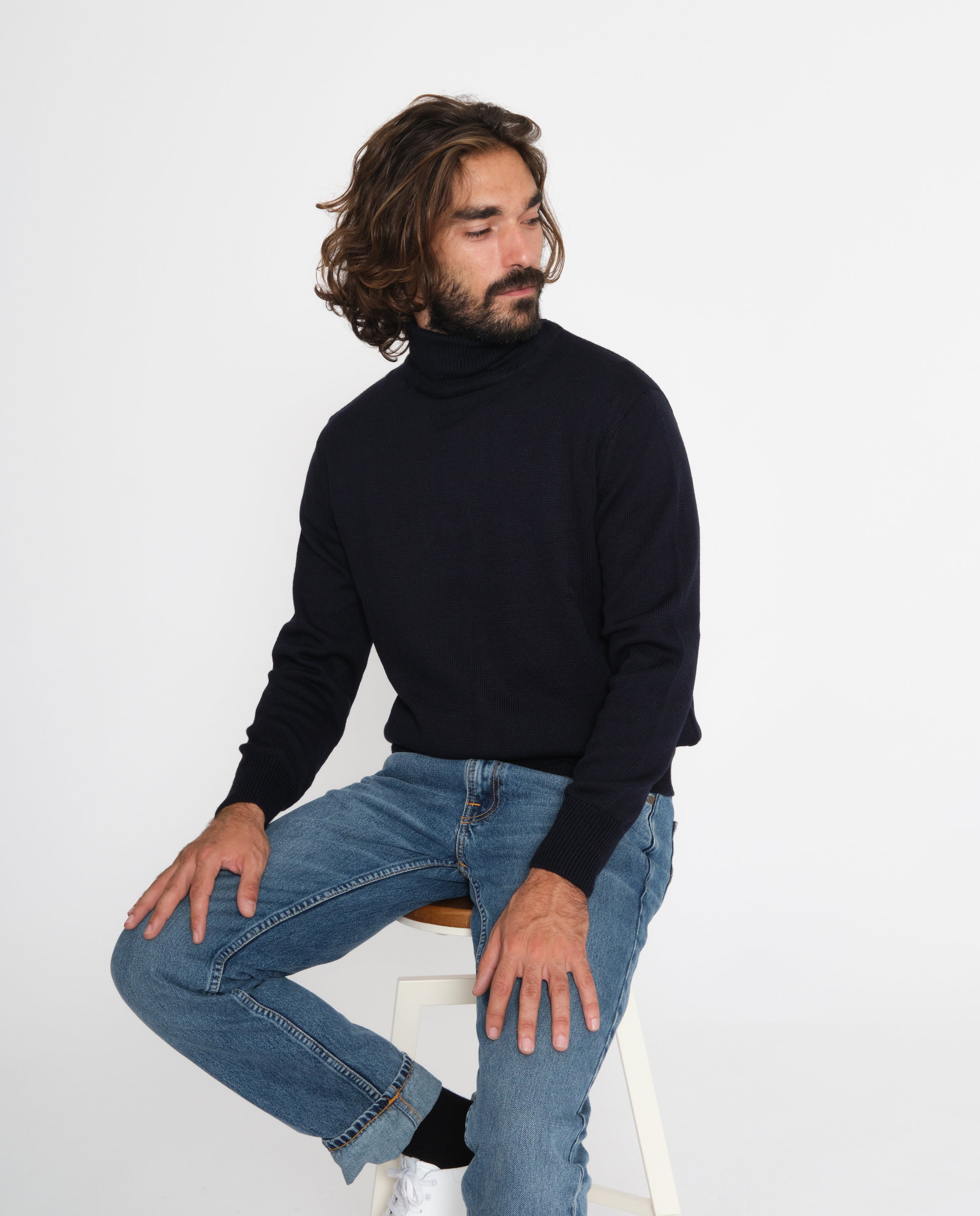 marché commun rotholz pull col roulé laine merinos biologique bleu marine
