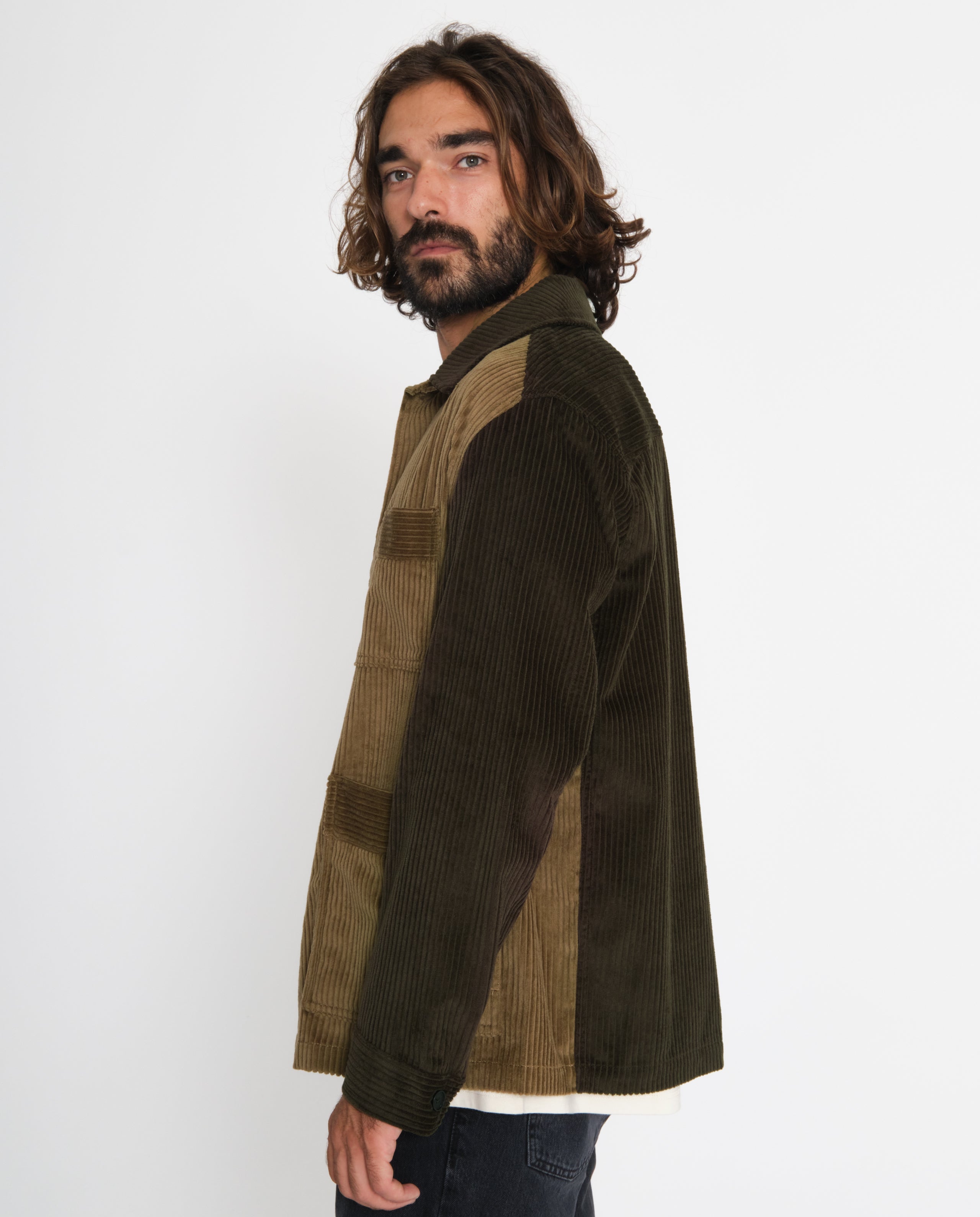 marché commun rotholz surchemise velours côtelé coton biologique bicolore beige vert fôret homme