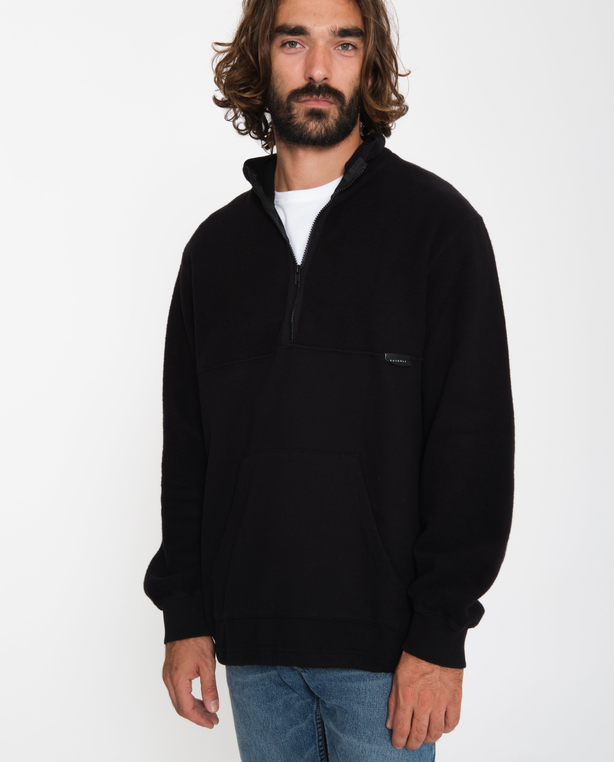 marché commun rotholz sweatshirt col zippé polaire coton biologique homme noir éco-responsable éthique