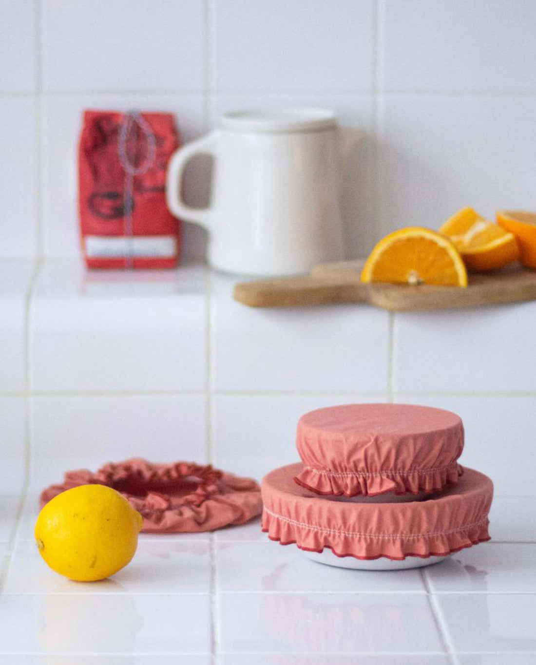 marché commun wabi paris lot de 4 charlottes alimentaires zéro-déchet coton enduit rose praline