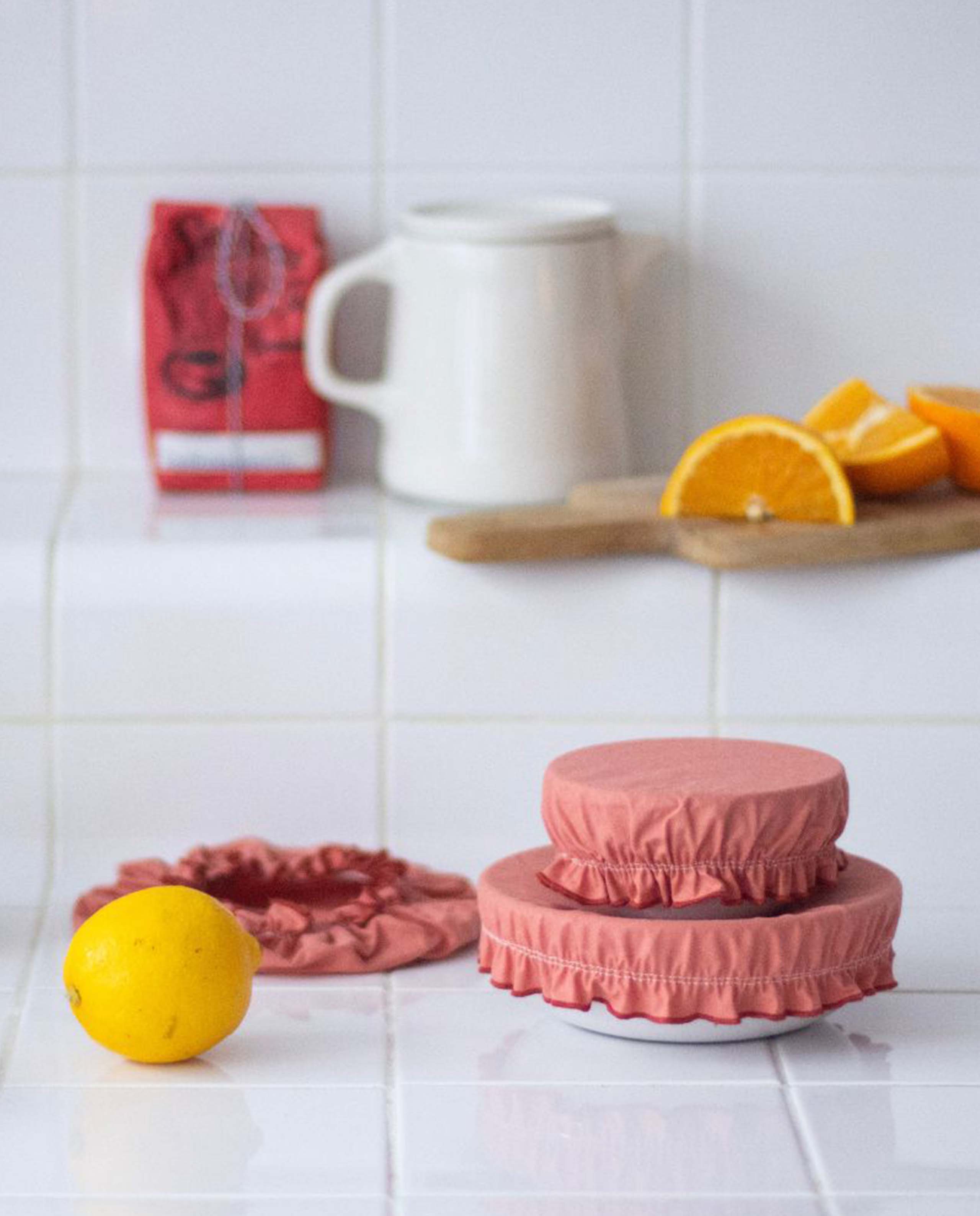 marché commun wabi paris lot de 4 charlottes alimentaires zéro-déchet coton enduit rose praline