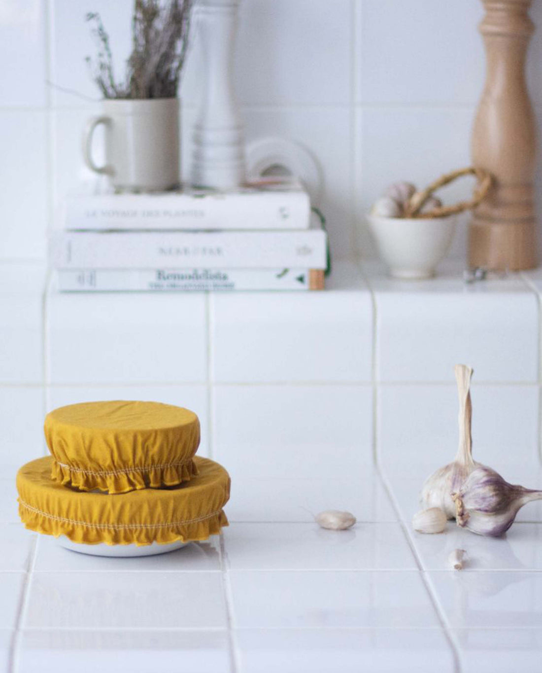 marché commun wabi paris lot de 4 charlottes alimentaires zéro-déchet coton enduit jaune safran