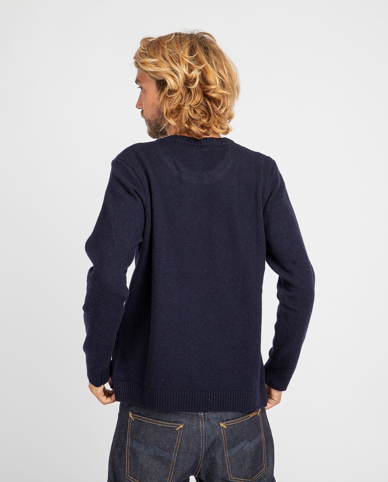 marché commun organic basics pull homme laine mérinos recyclée éco-responsable éthique bleu marine