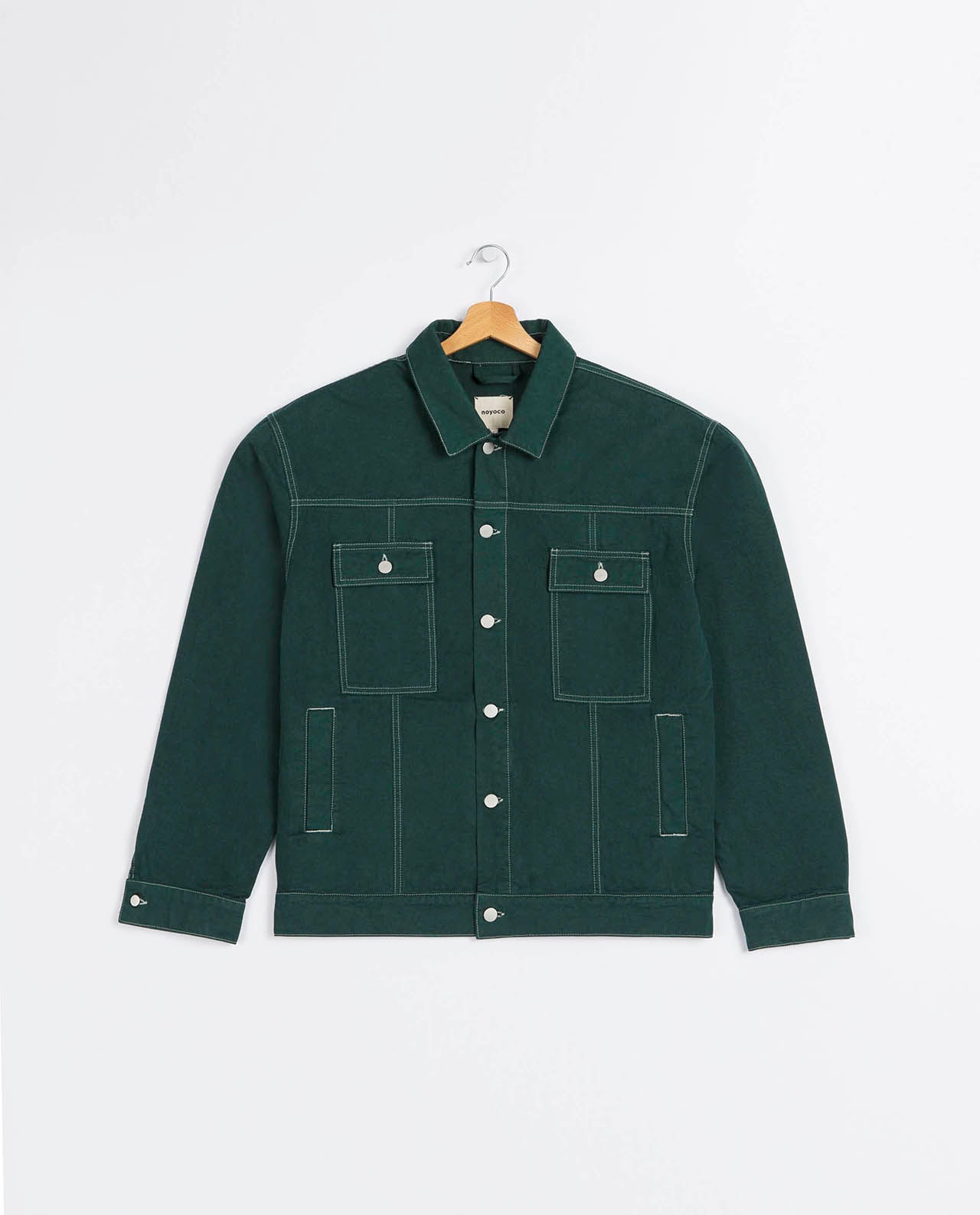 marché commun noyoco veste homme coton biologique vert coutures surpiqûres apparentes denim éco-responsable éthique fabriquée en Europe