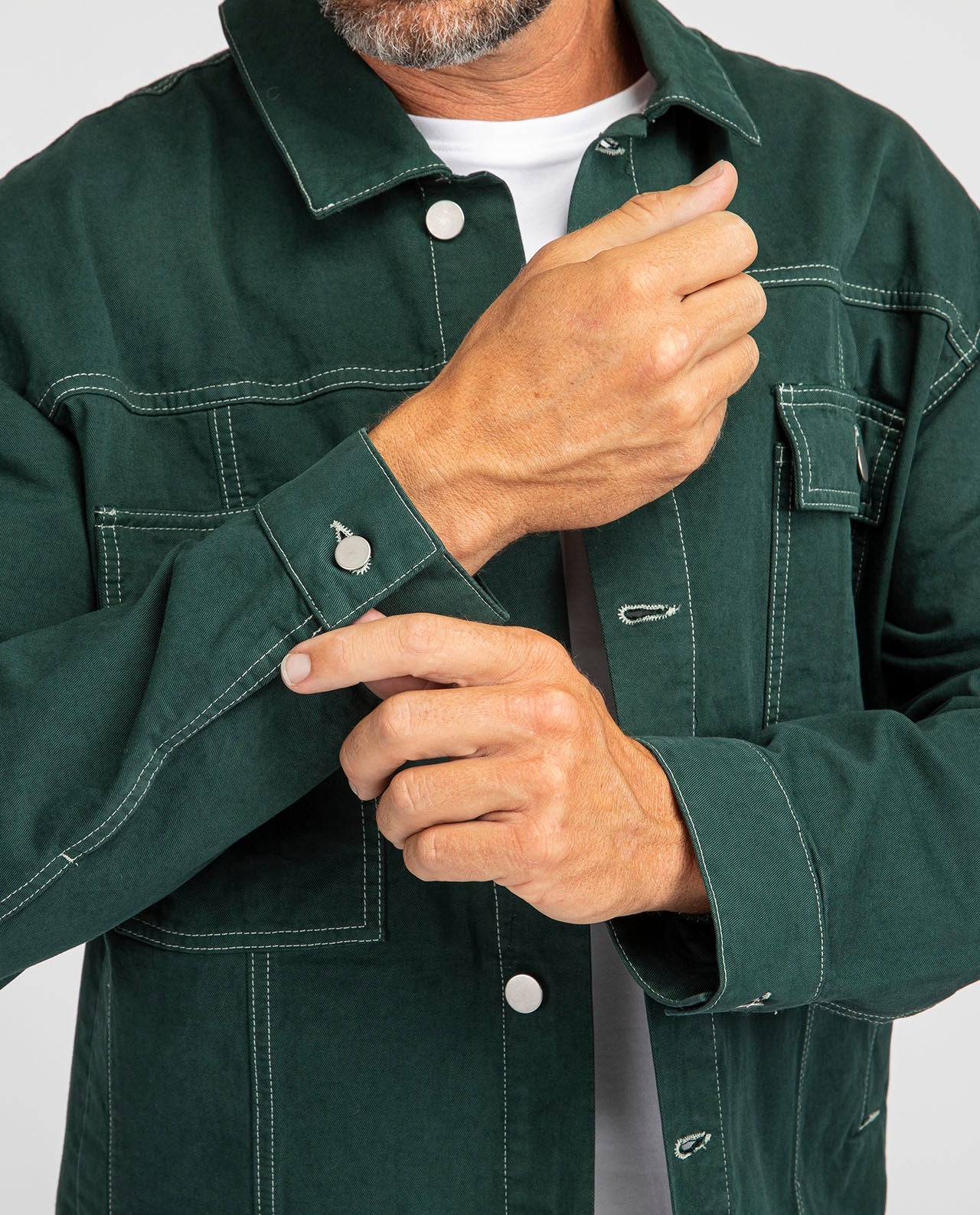 marché commun noyoco veste homme coton biologique vert coutures surpiqûres apparentes denim éco-responsable éthique fabriquée en Europe