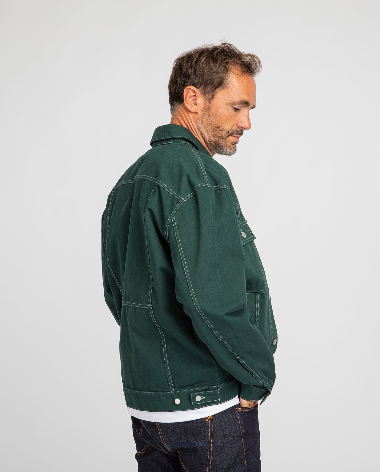 marché commun noyoco veste homme coton biologique vert coutures surpiqûres apparentes denim éco-responsable éthique fabriquée en Europe