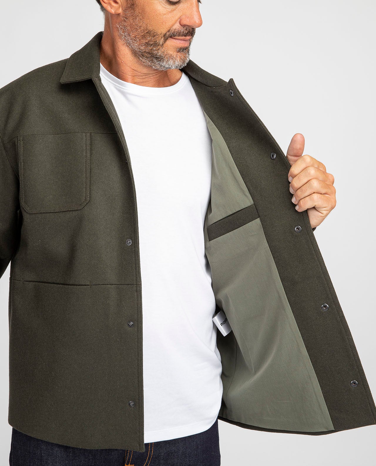 marché commun noyoco veste de travail workwear homme laine cachemire recyclés kaki éco-responsable éthique fabriquée en Europe