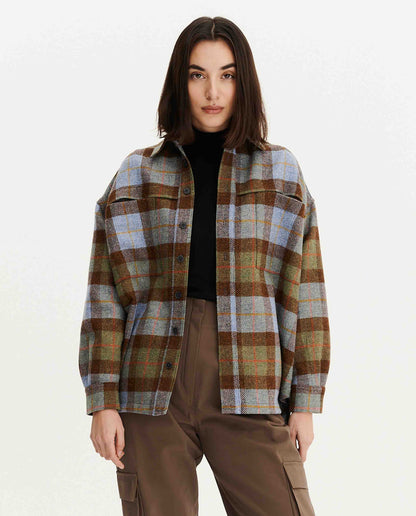 Surchemise Carreaux en Laine Recyclée Femme Ethique Marron Noyoco