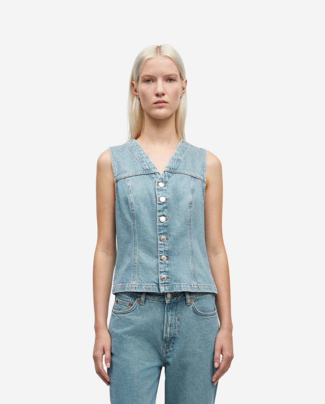 marché commun tailleur sans manches en denim bio bleu samsoe samsoe