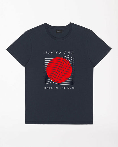 marché commun bask in the sun t-shirt manches courtes éthique imprimé coton biologique tokyo bleu marine