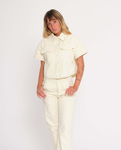 marché commun graine femme chemisette courte workwear travail coton biologique brodée écru