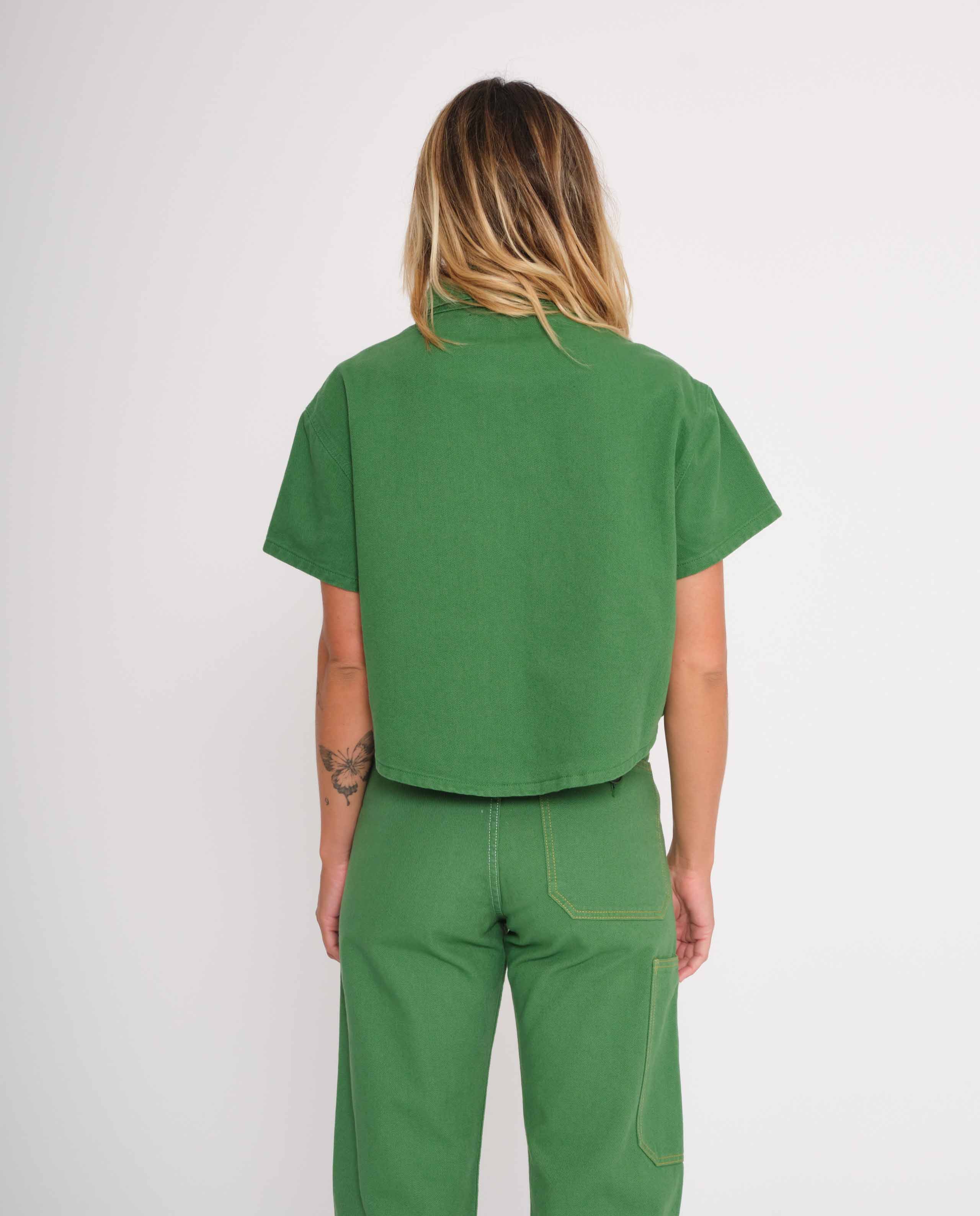 marché commun graine femme chemisette courte workwear travail coton biologique brodée vert gazon