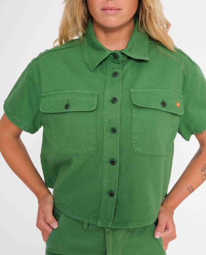 marché commun graine femme chemisette courte workwear travail coton biologique brodée vert gazon