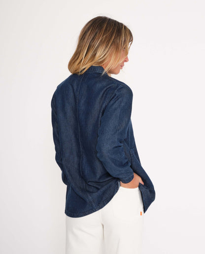 marché commun graine femme veste de travail tencel bleu jean éco-responsable