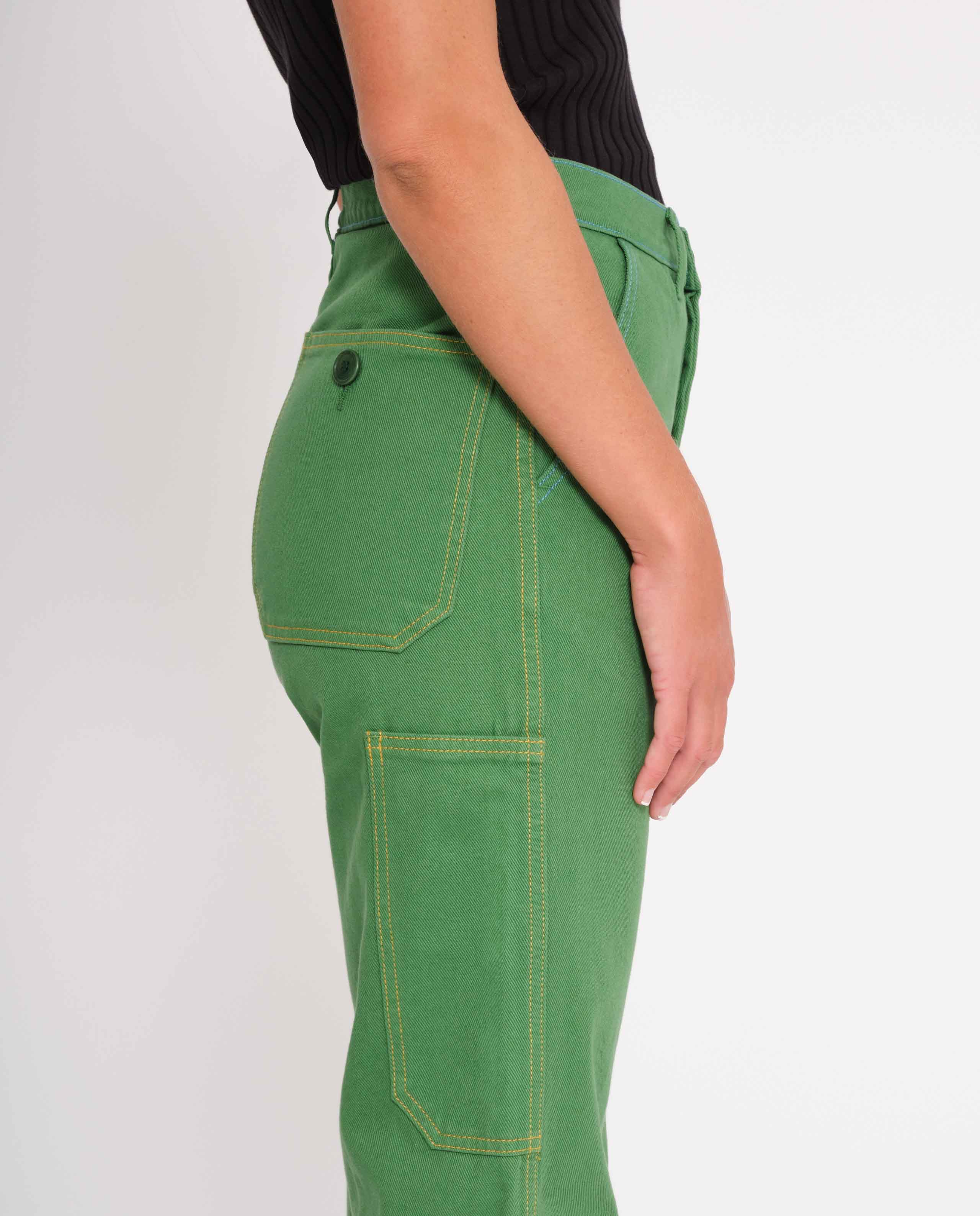 marché commun graine femme pantalon workwear travail coton biologique surpiqûres vert gazon