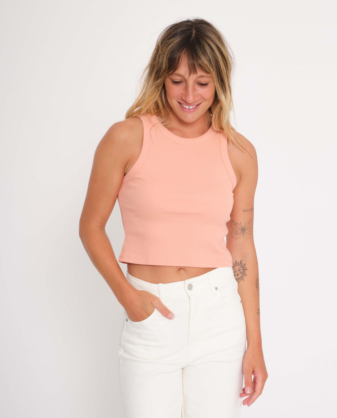 marché commun jan n june femme tank top court côtelé coton biologique rose pêche