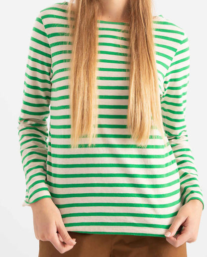 marché commun loreak mendian femme t-shirt manches longues marinière rayures vert et blanc coton biologique