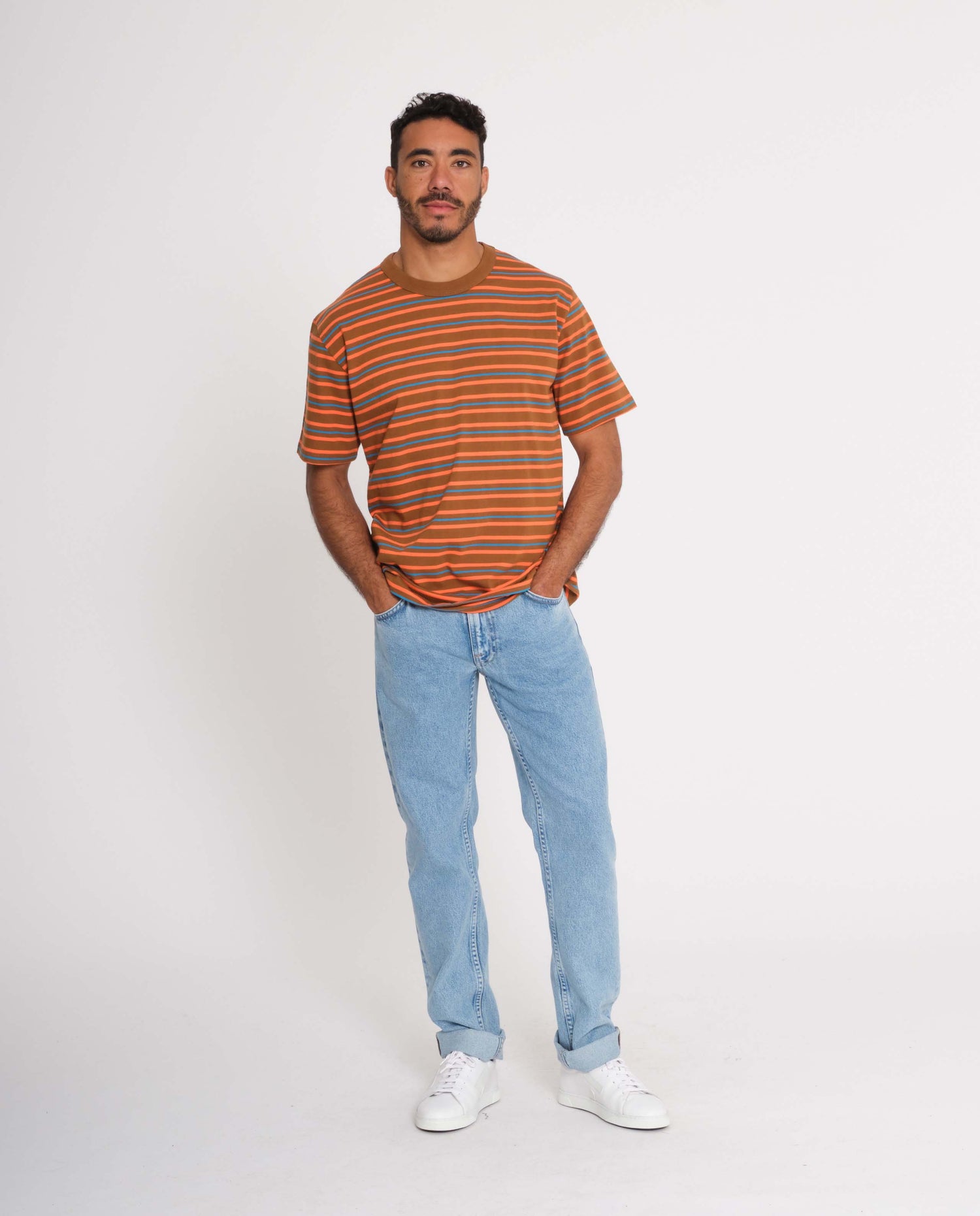 marché commun loreak mendian homme t-shirt coton manches courtes rayures orange bleu