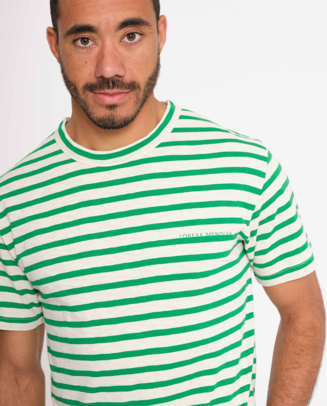marché commun loreak mendian homme t-shirt coton biologique manches courtes rayures blanc vert 
