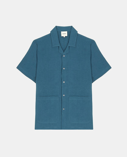marché commun noyoco chemise homme manches courtes lin bleu pétrole
