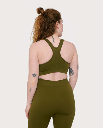 marché commun organic basics brassière sport yoga femme recyclé vert olive