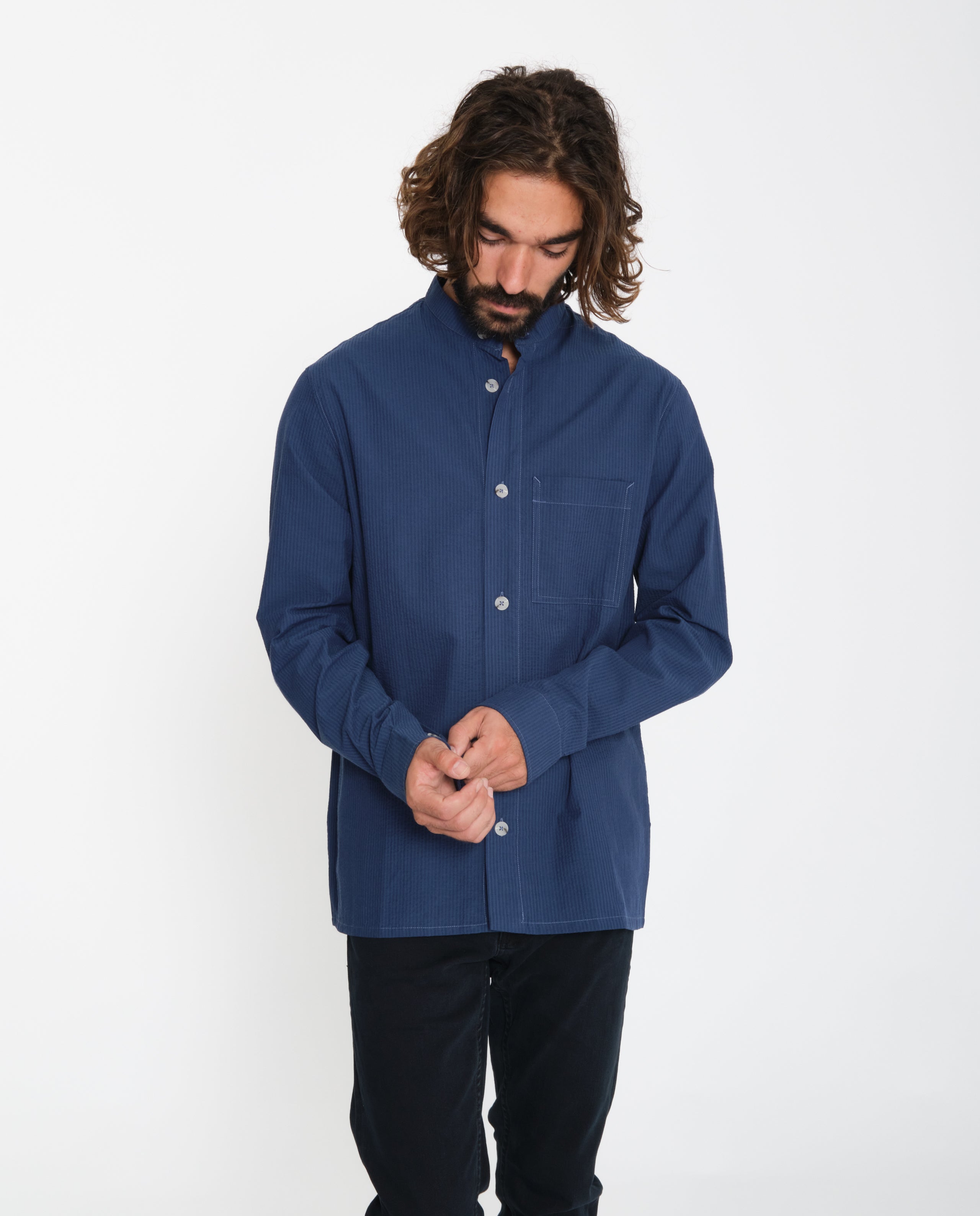 marché commun rotholz sur-chemise homme col officier fines rayures coton biologique fabriquée en europe bleu