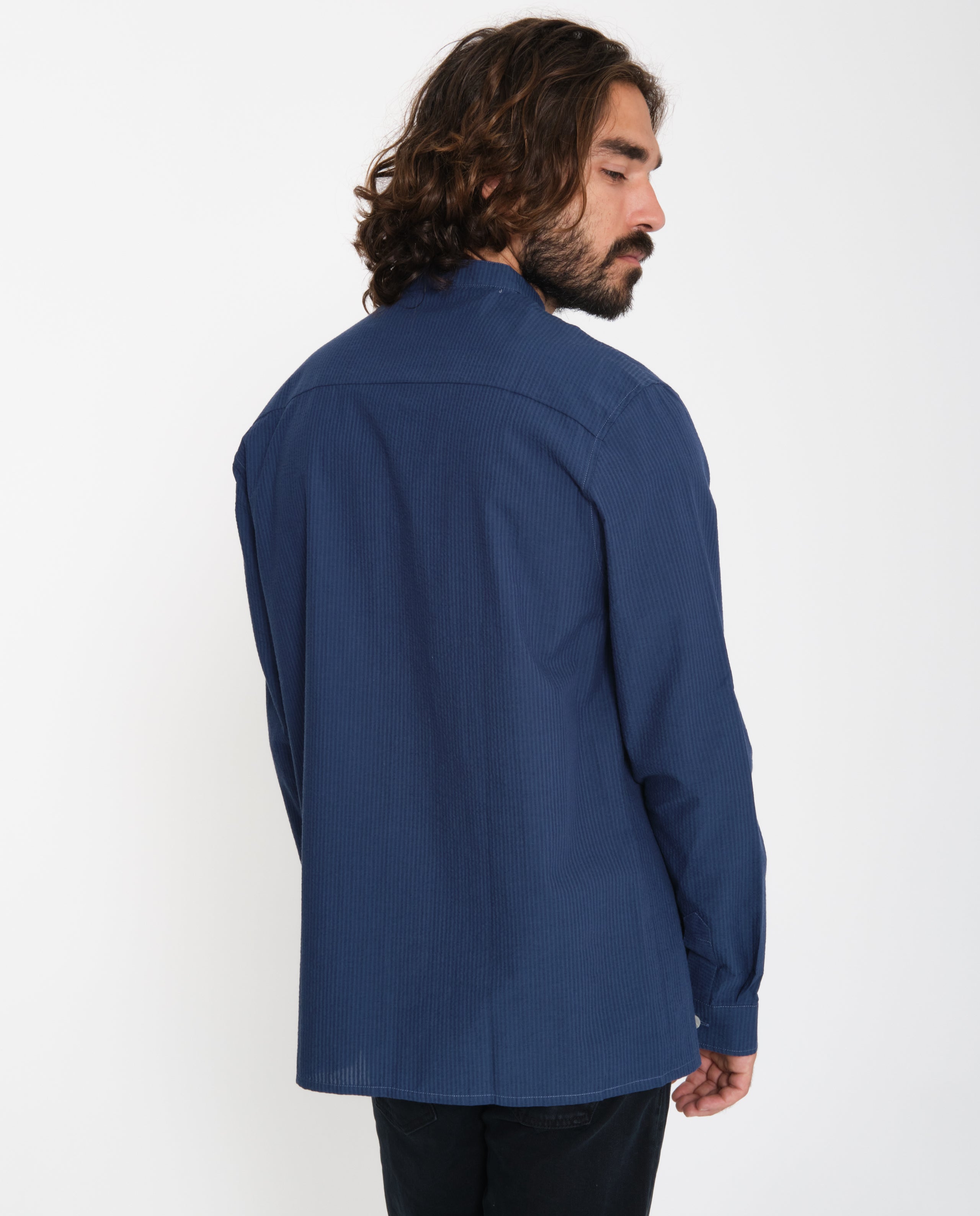 marché commun rotholz sur-chemise homme col officier fines rayures coton biologique fabriquée en europe bleu