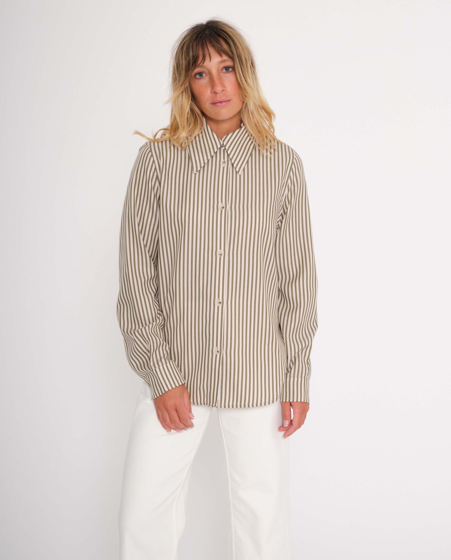 marché commun rotholz femme chemise col italien tencel rayures kaki sable