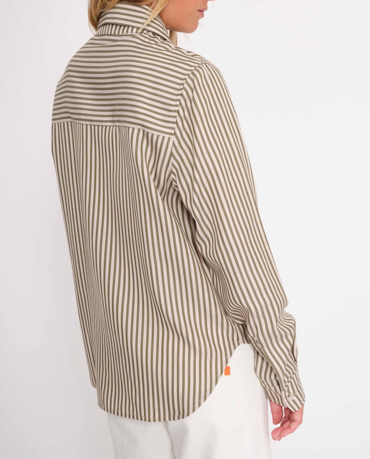 marché commun rotholz femme chemise col italien tencel rayures kaki sable
