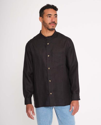 Rotholz Chemise Noir Col Mao Homme En Lin Chemise Manche Courte