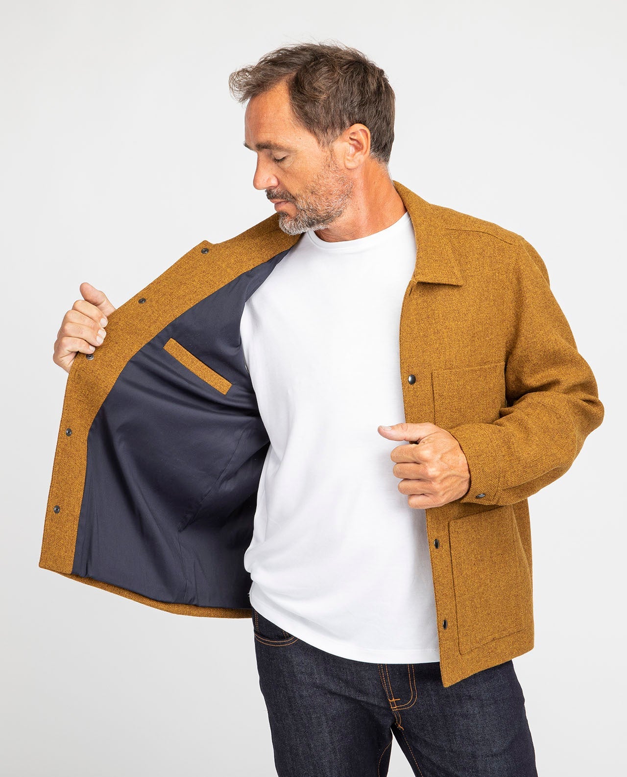 marché commun noyoco veste homme laine fabriquée en Europe éco-responsable éthique ocre